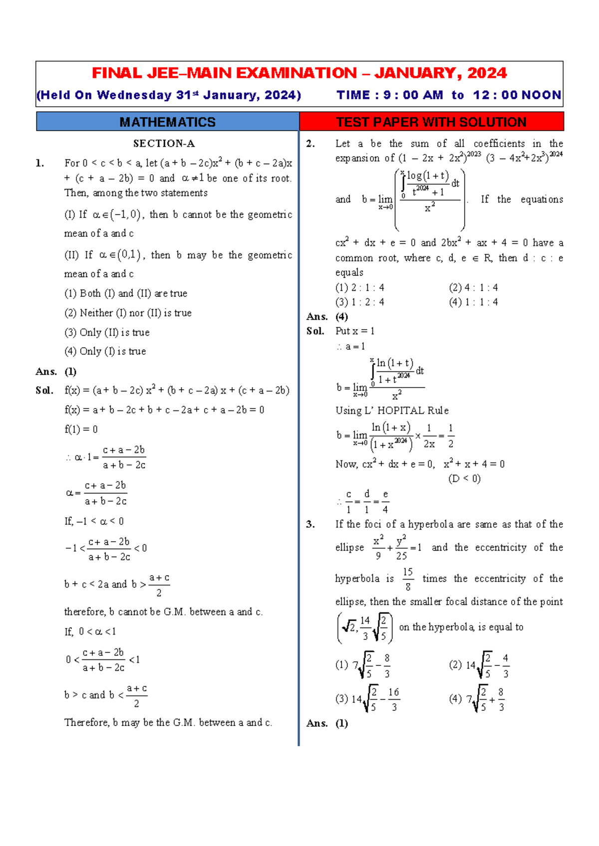 FINAL EXAM MATHEMATICS 1 (JANUARY 2024) SOLUTIONS AND QUESTIONS - Studocu
