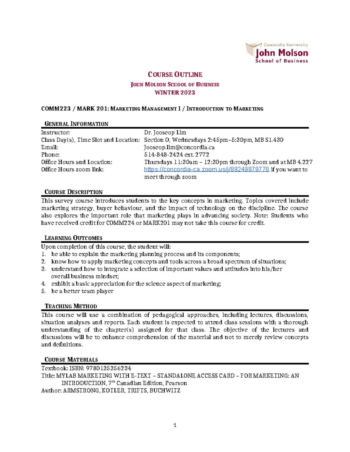 Course Outline: COMM223 MARK 201 - Marketing Management I (Winter 2023 ...