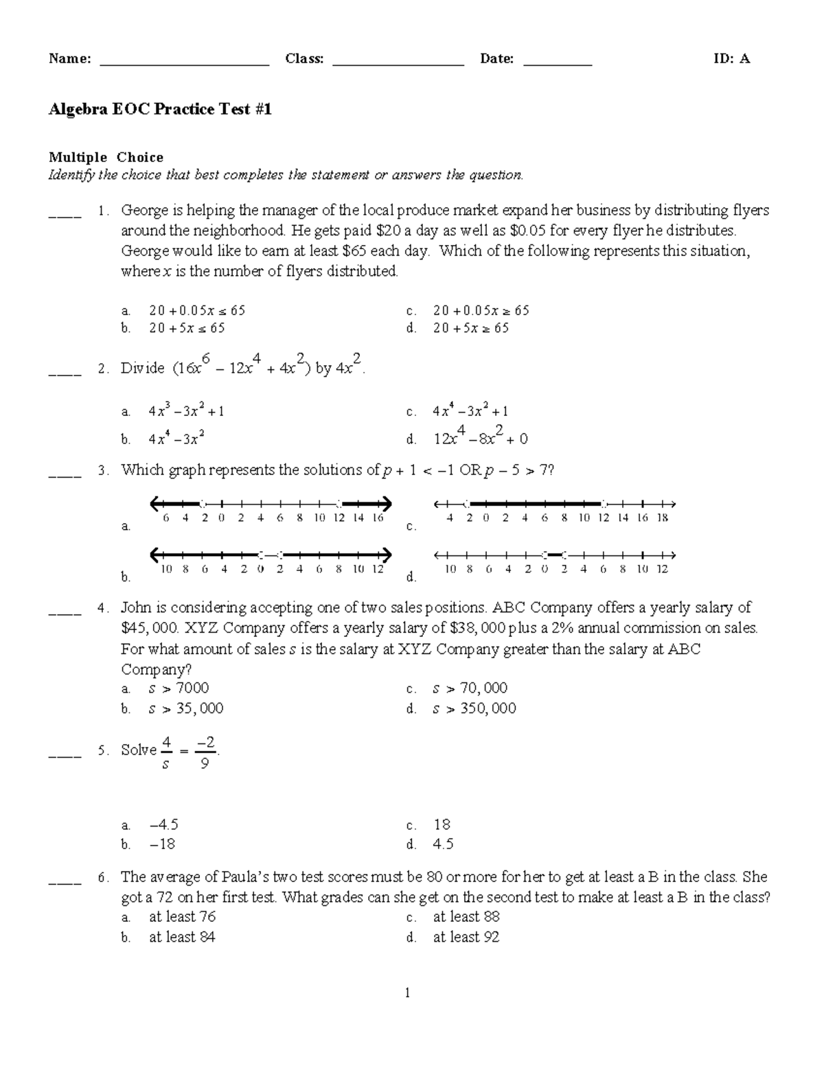 Algebra EOC Practice Test 1 - Comprehensive Review and Solutions - Studocu