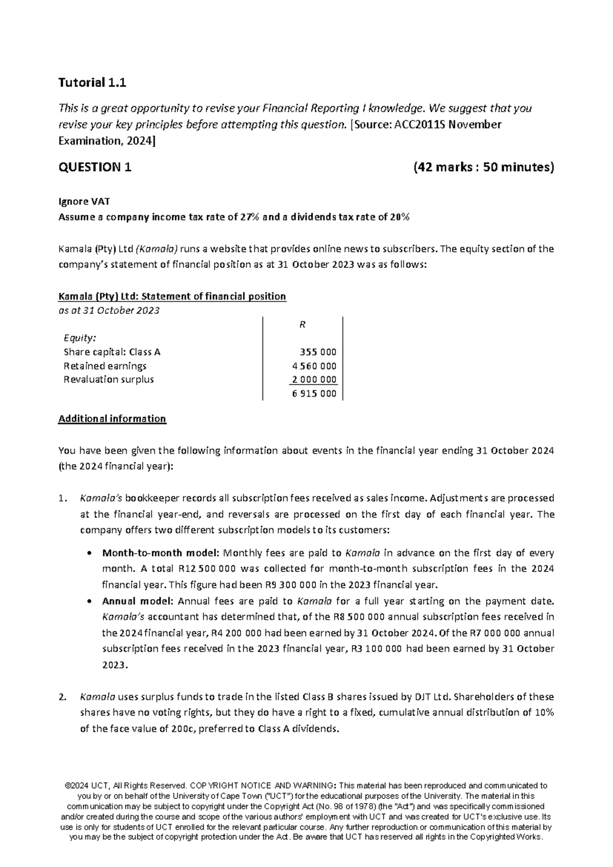 ACC2011S Tutorial 1 - Financial Reporting I Practice Test - Studocu
