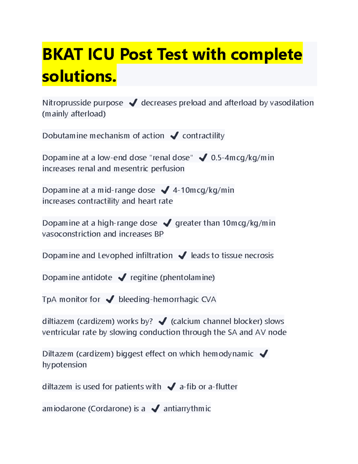 BKAT ICU Post Test: Comprehensive Solutions & Key Concepts - Studocu