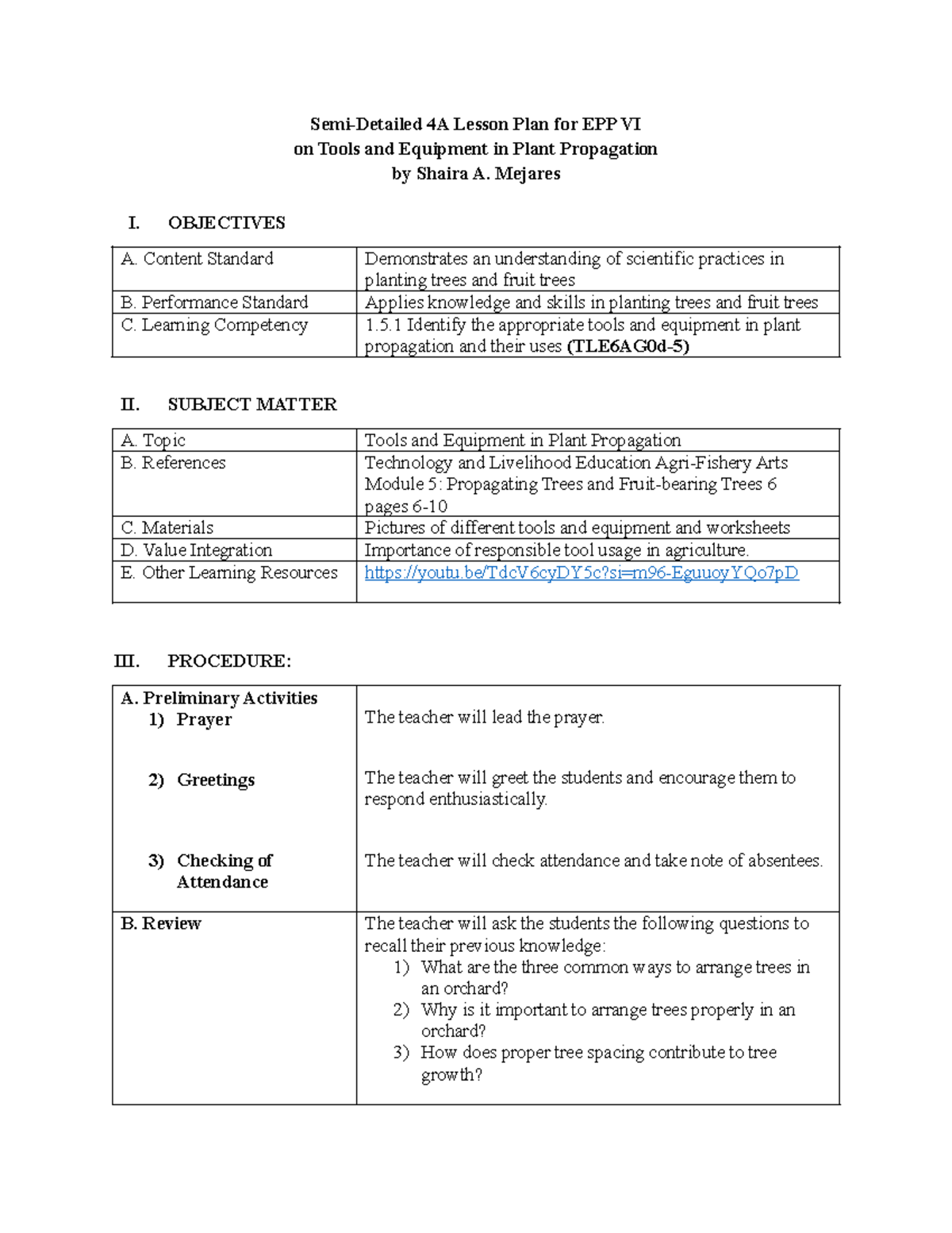 Semi-Detailed Lesson Plan EPP 6: Tools in Plant Propagation - Document Preview