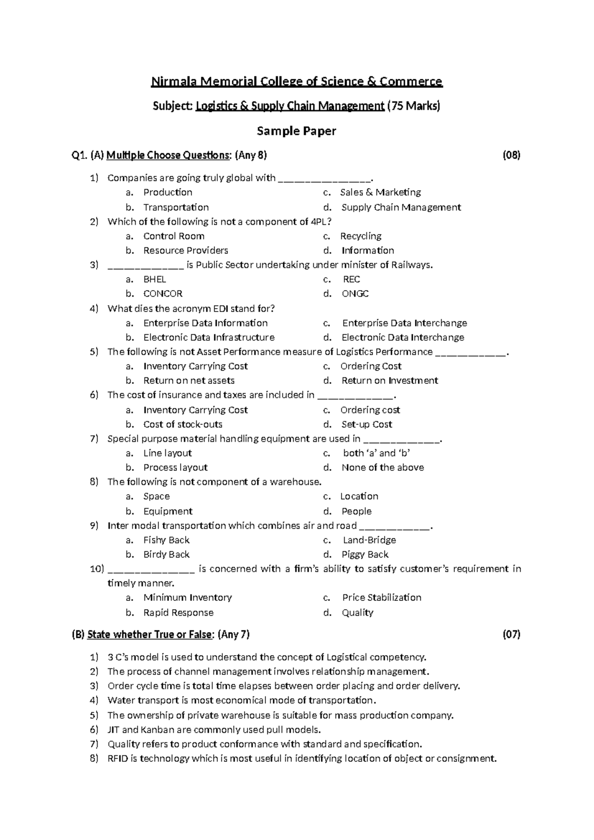 Logistics & Supply Chain Management (75 Marks) Sample Paper - Studocu