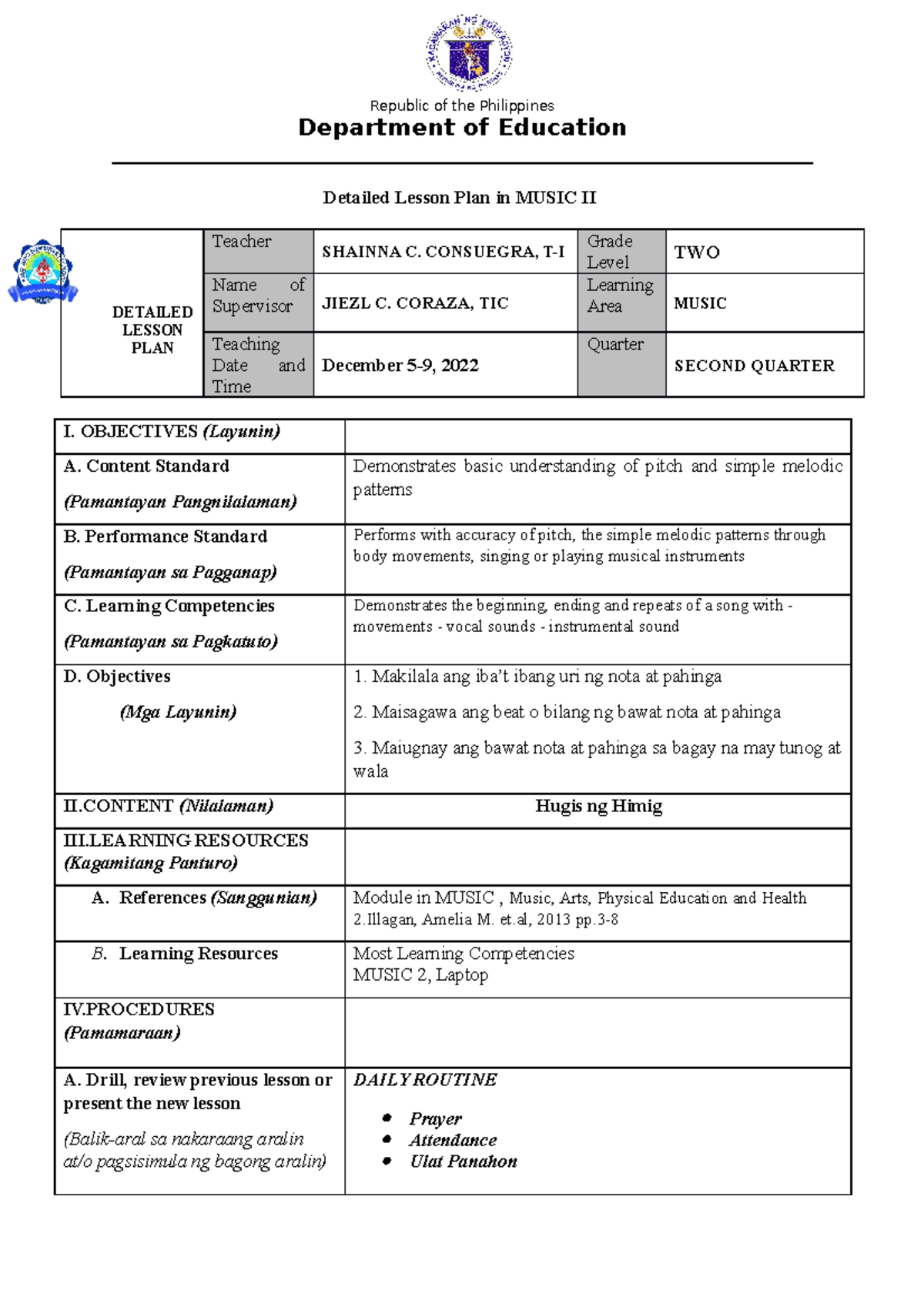 MUSIC II Detailed Lesson Plan: Week 5 DLP Overview - Studocu