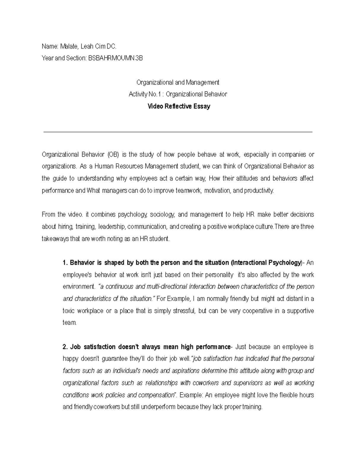 BSBAHRMOUMN 3B: Org Behavior Video Reflective Essay Analysis - Studocu