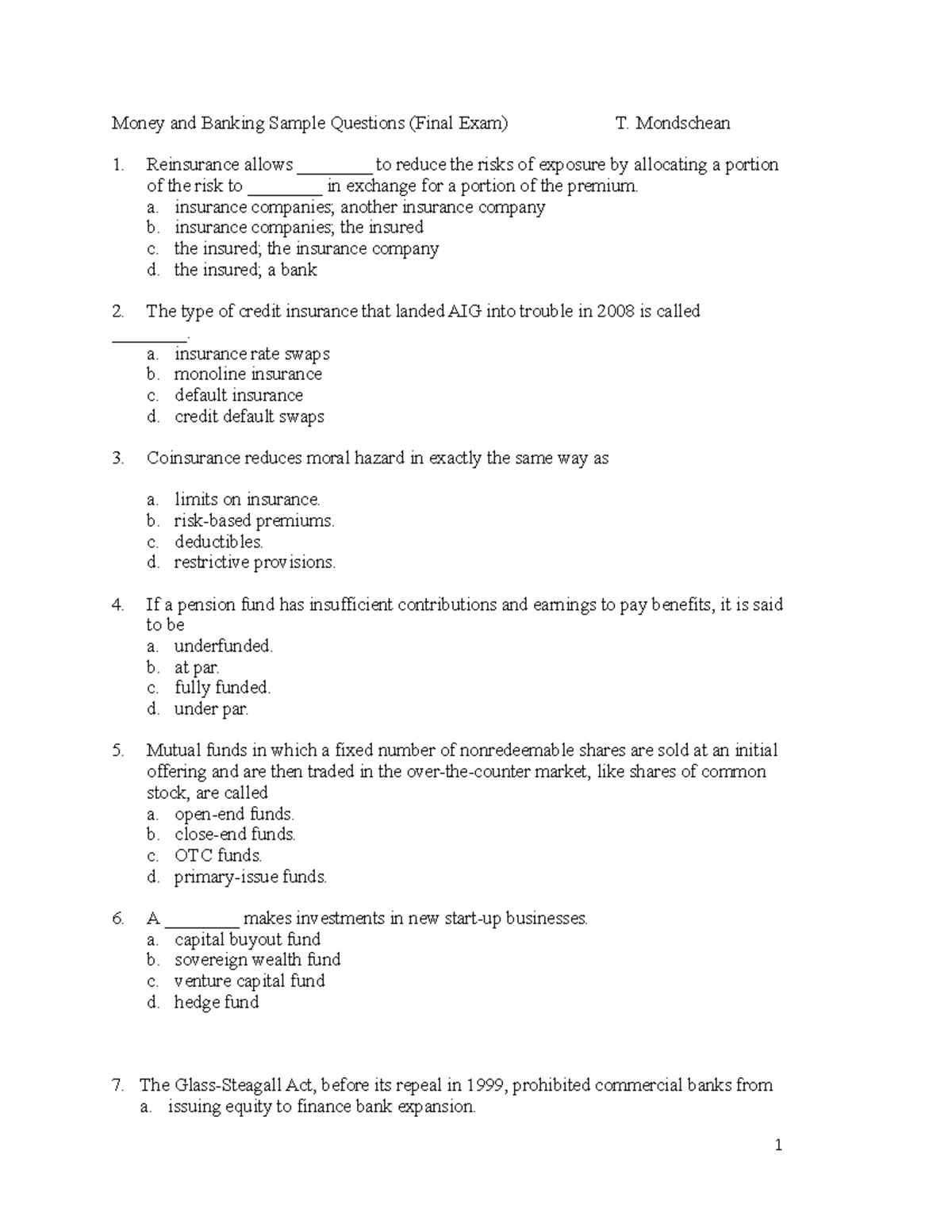 Money and Banking Sample Questions (Final Exam) - Studocu