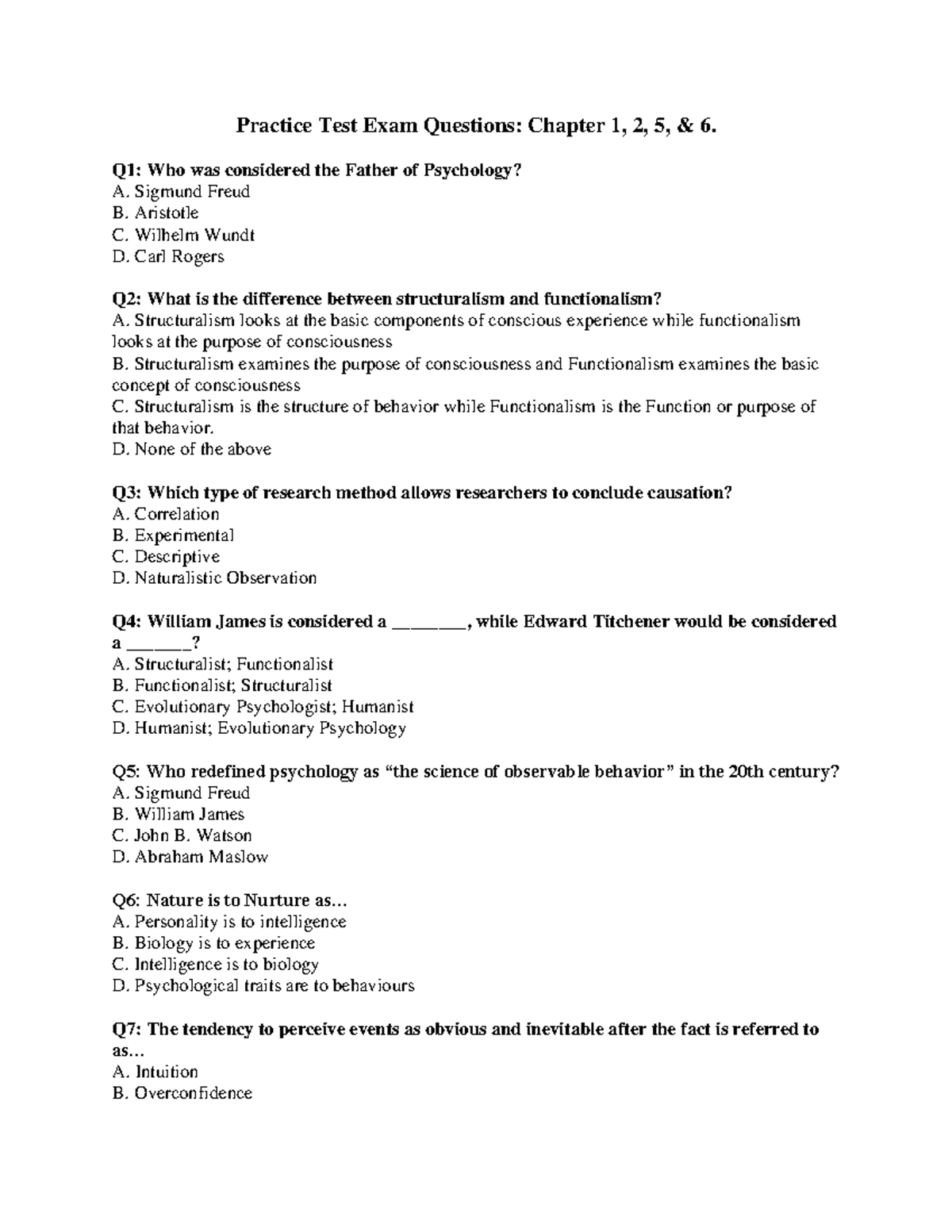 PSY101 Exam 1 - Practice Test Questions for Chapters 1, 2, 5, & 6 - Studocu
