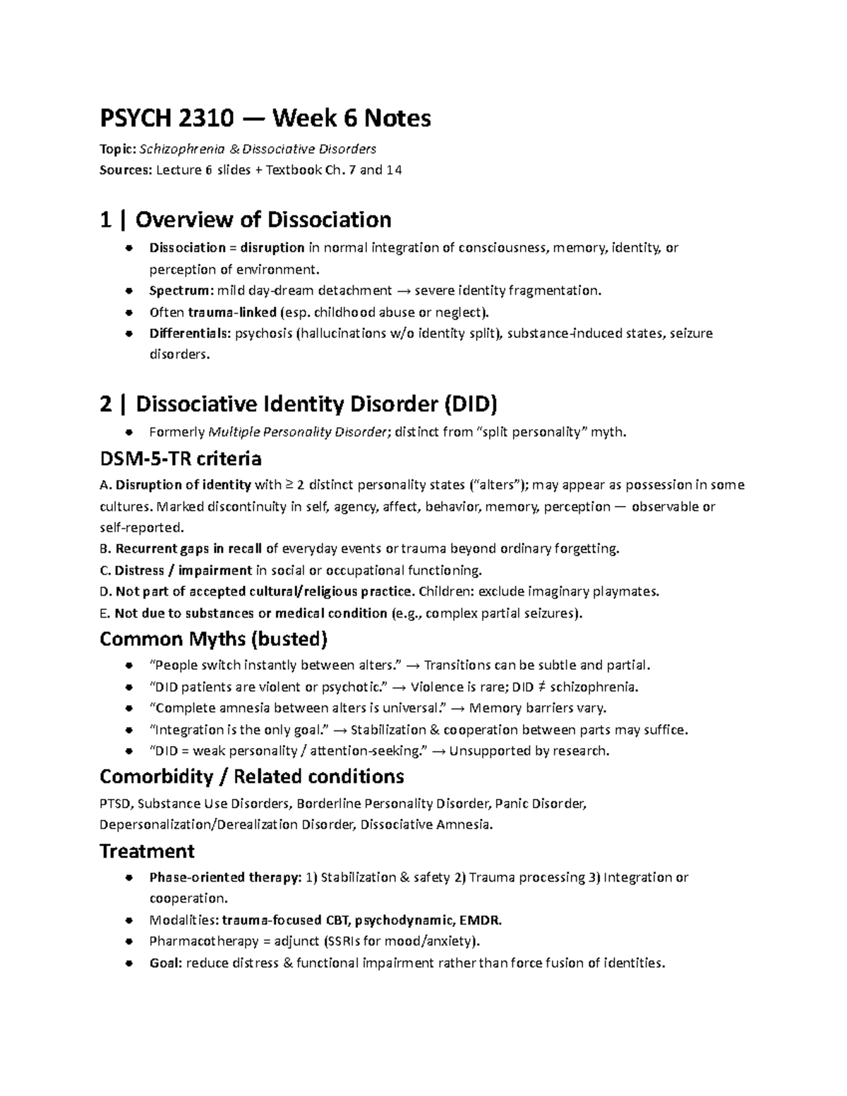 PSYCH 2310 Week 6 Lecture Notes: Schizophrenia & Dissociative Disorders ...