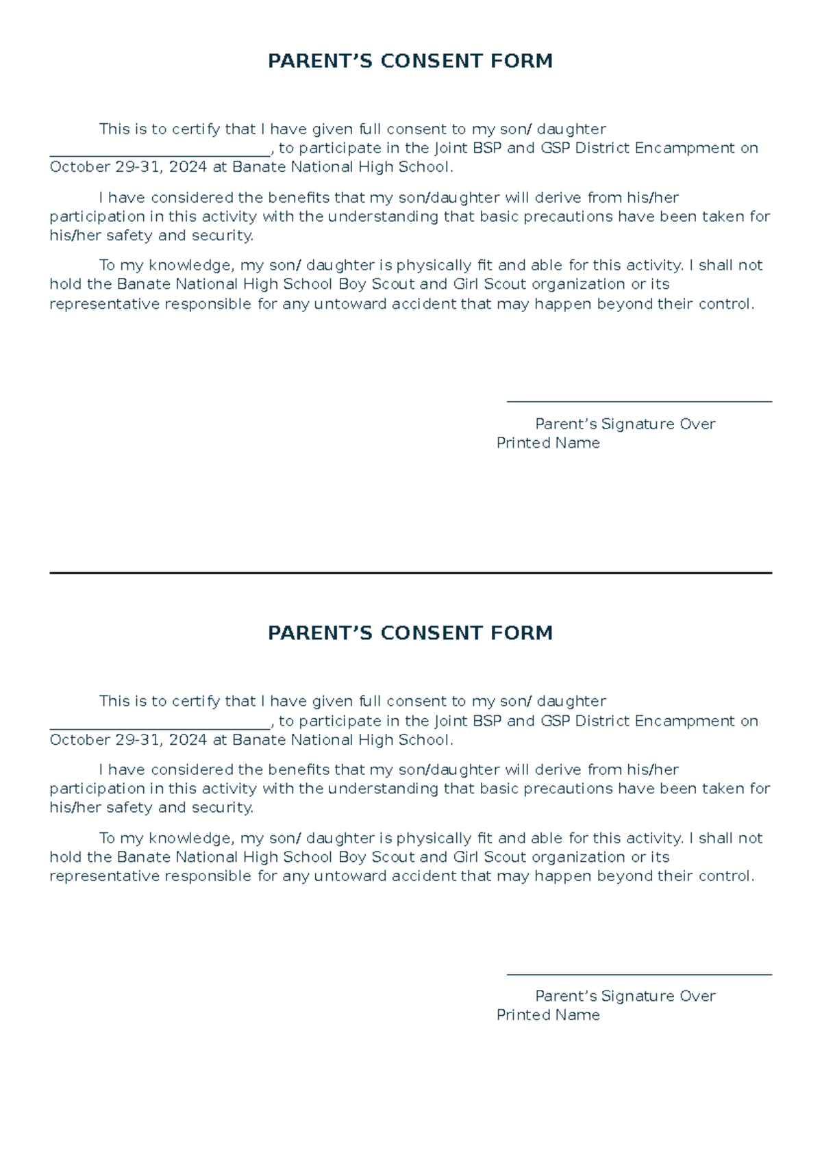District Camp Parent Consent Form for BSP and GSP Encampment - Studocu
