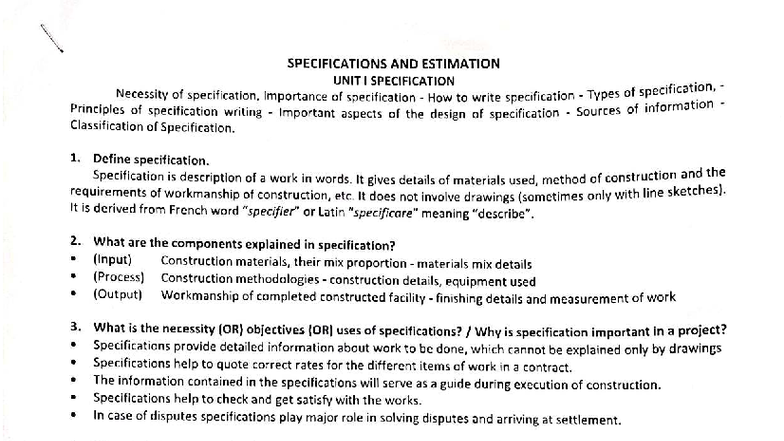 Specification estimation - SPECIFICATIONS AND ESTIMATION UNIT ...