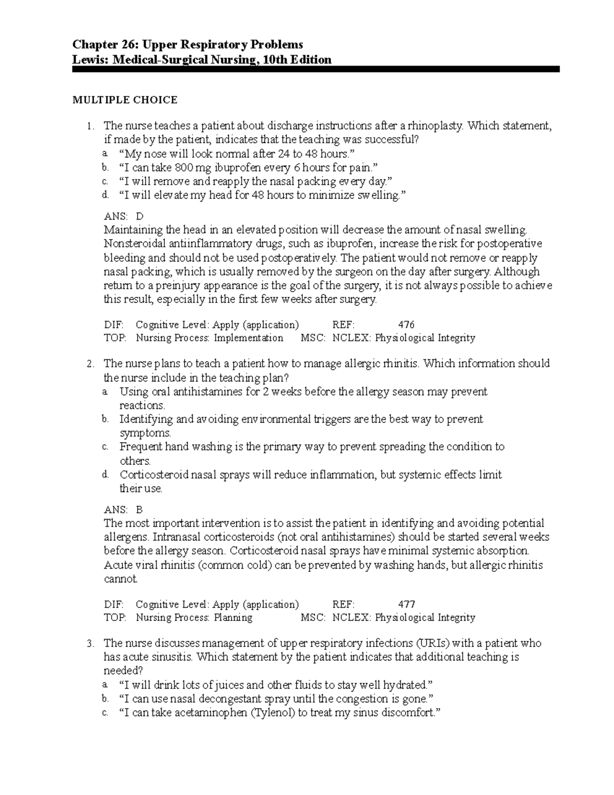 C26 - Chapter 26 Test Bank: Upper Respiratory Problems Insights - Studocu
