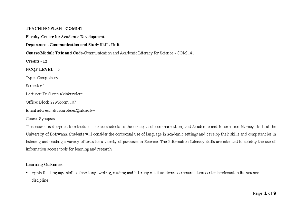 COM 141 Course Outline: Academic Development & Study Skills - Studocu