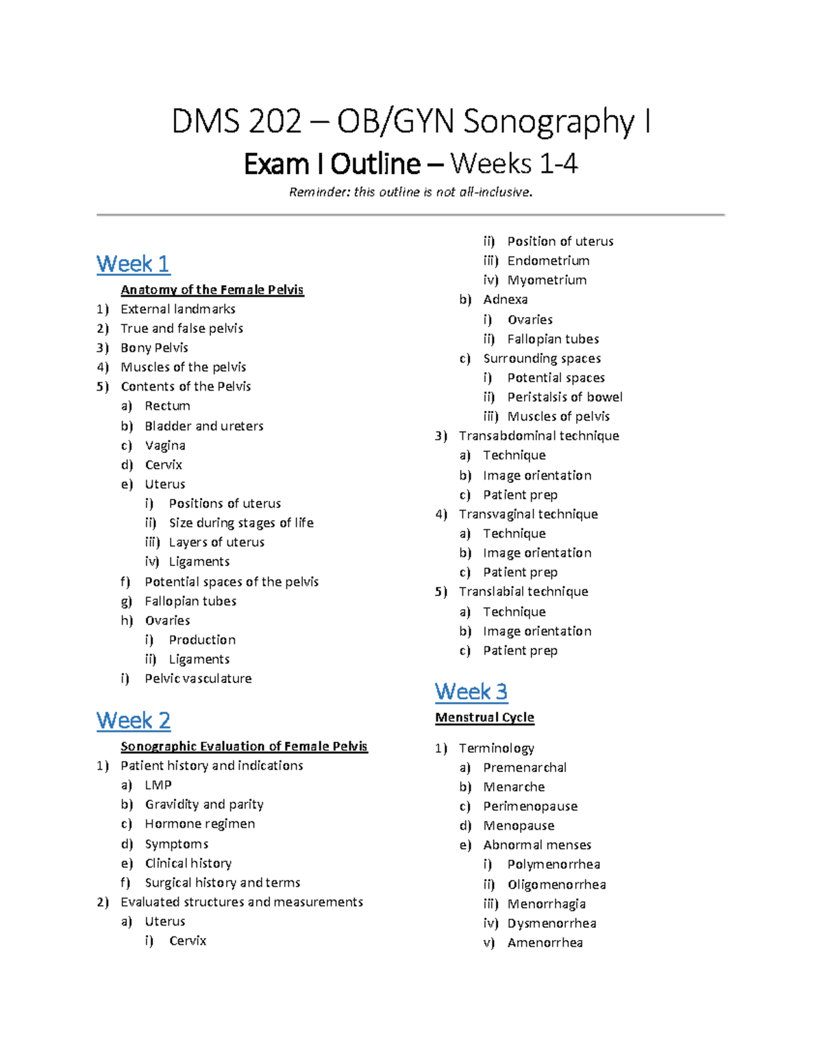 DMS 202 - OB/GYN Sonography I Exam I Outline (Weeks 1-4) - Studocu