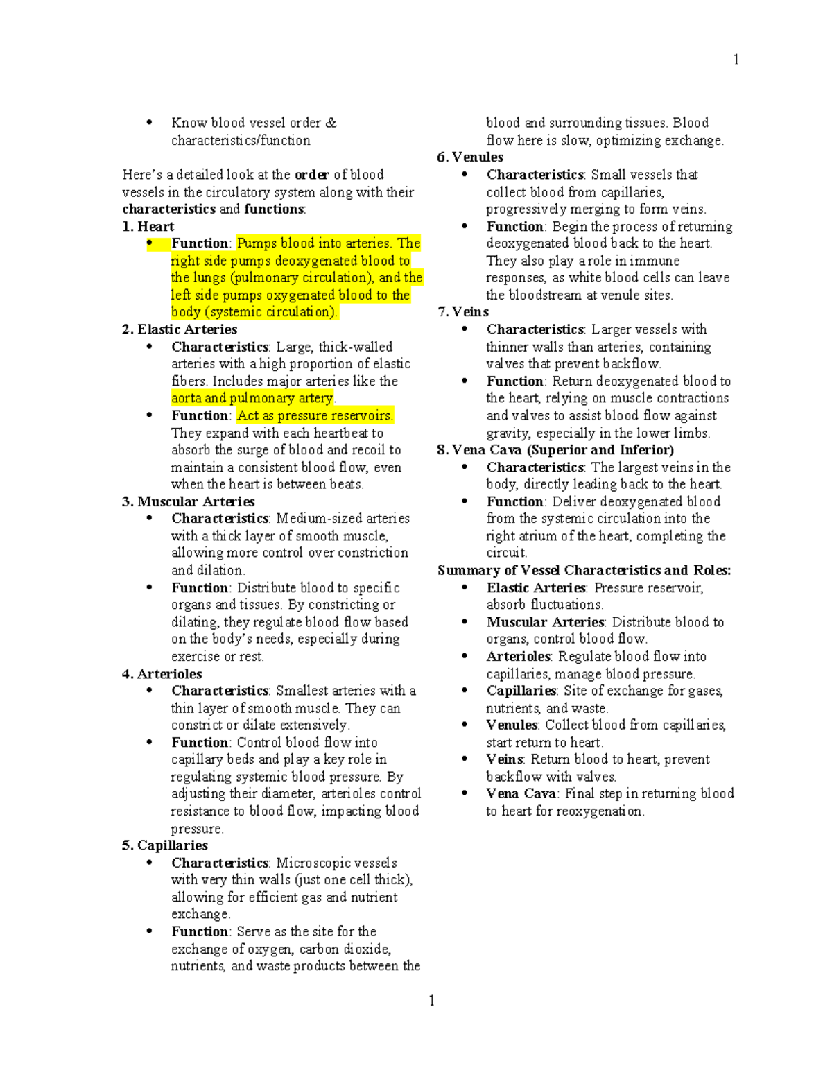 BIOL 2260 Circulatory System: Blood Vessels & Functions Study Guide ...