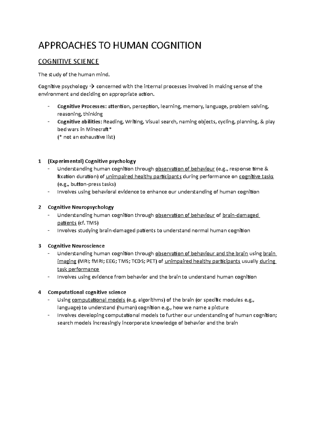 1. Approaches TO Human Cognition - PSYU9AC - Stirling - Studocu