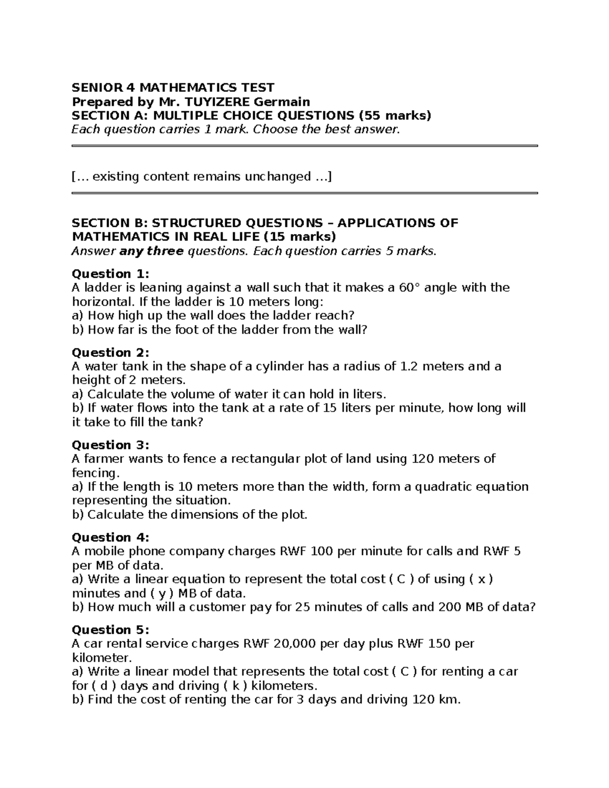 S4 Mathematics Test: Multiple Choice & Structured Questions - Studocu
