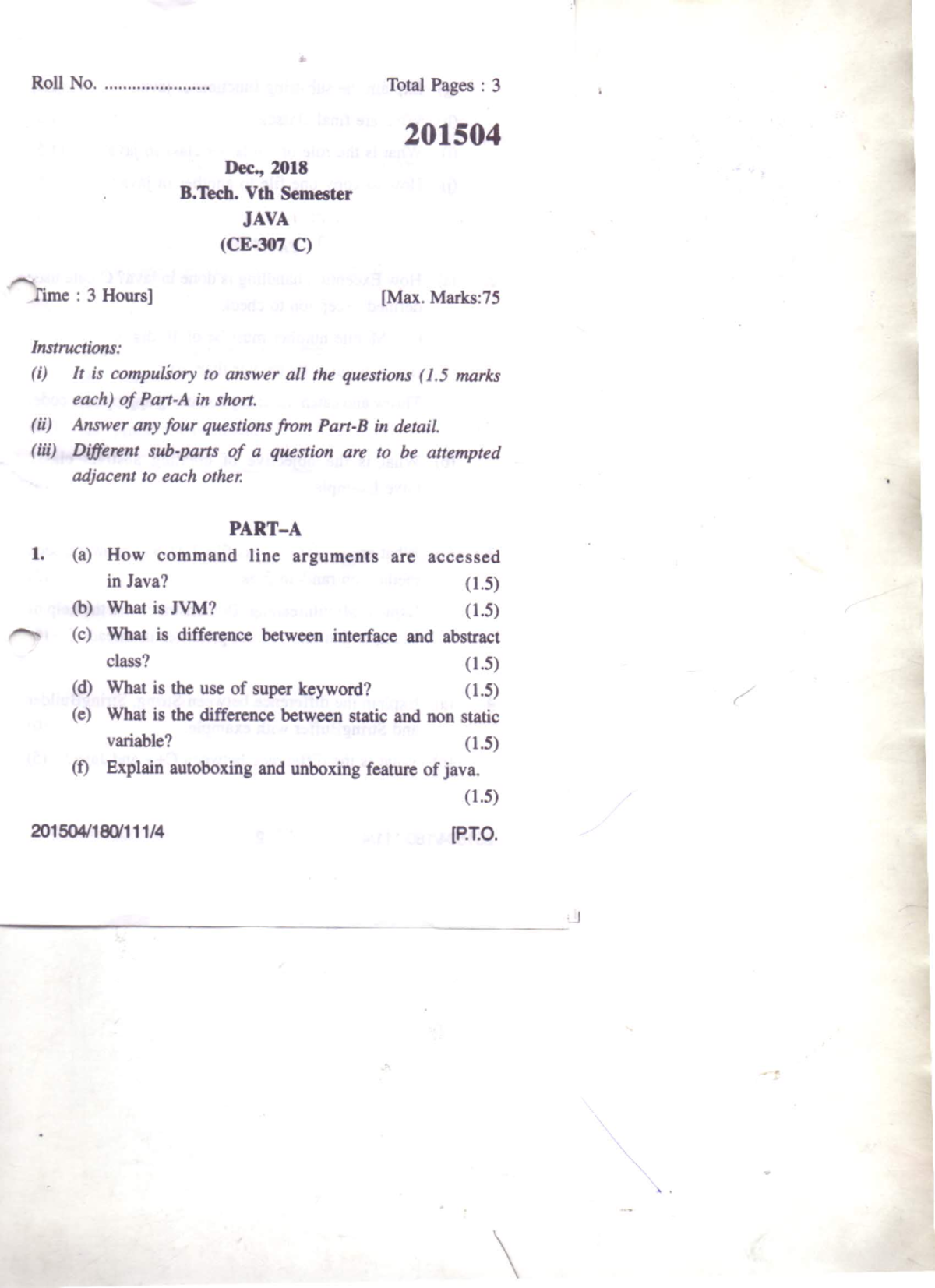 Java pyq - previous year paper of oops - Roll No. Total Pages : 3 ...