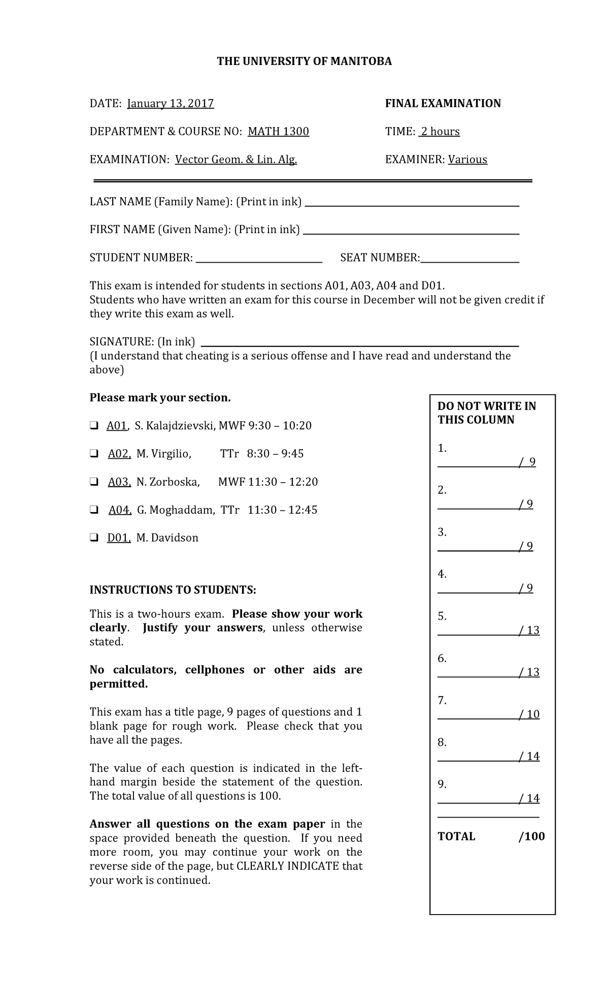Final Exam Study Guide for MATH 1300: Vector Geometry & Linear Algebra ...