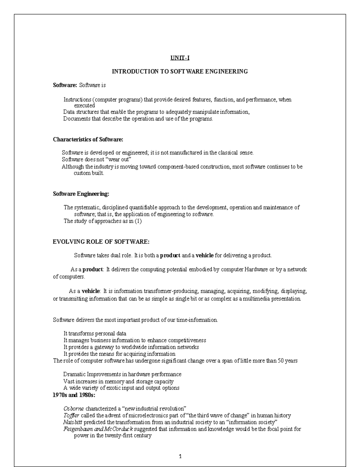 UNIT-I: Introduction to Software Engineering Notes - Studocu