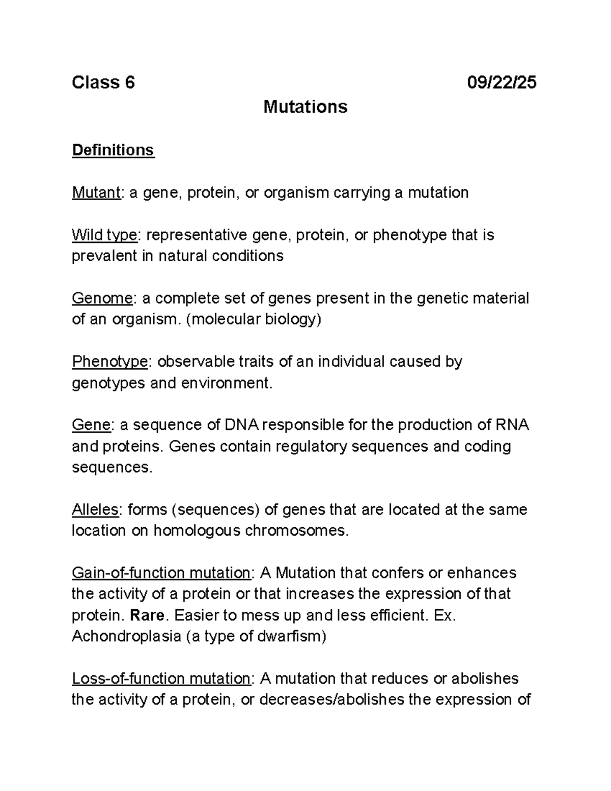 Biology 6: Mutation Notes & Definitions for Semester 1 - Studocu