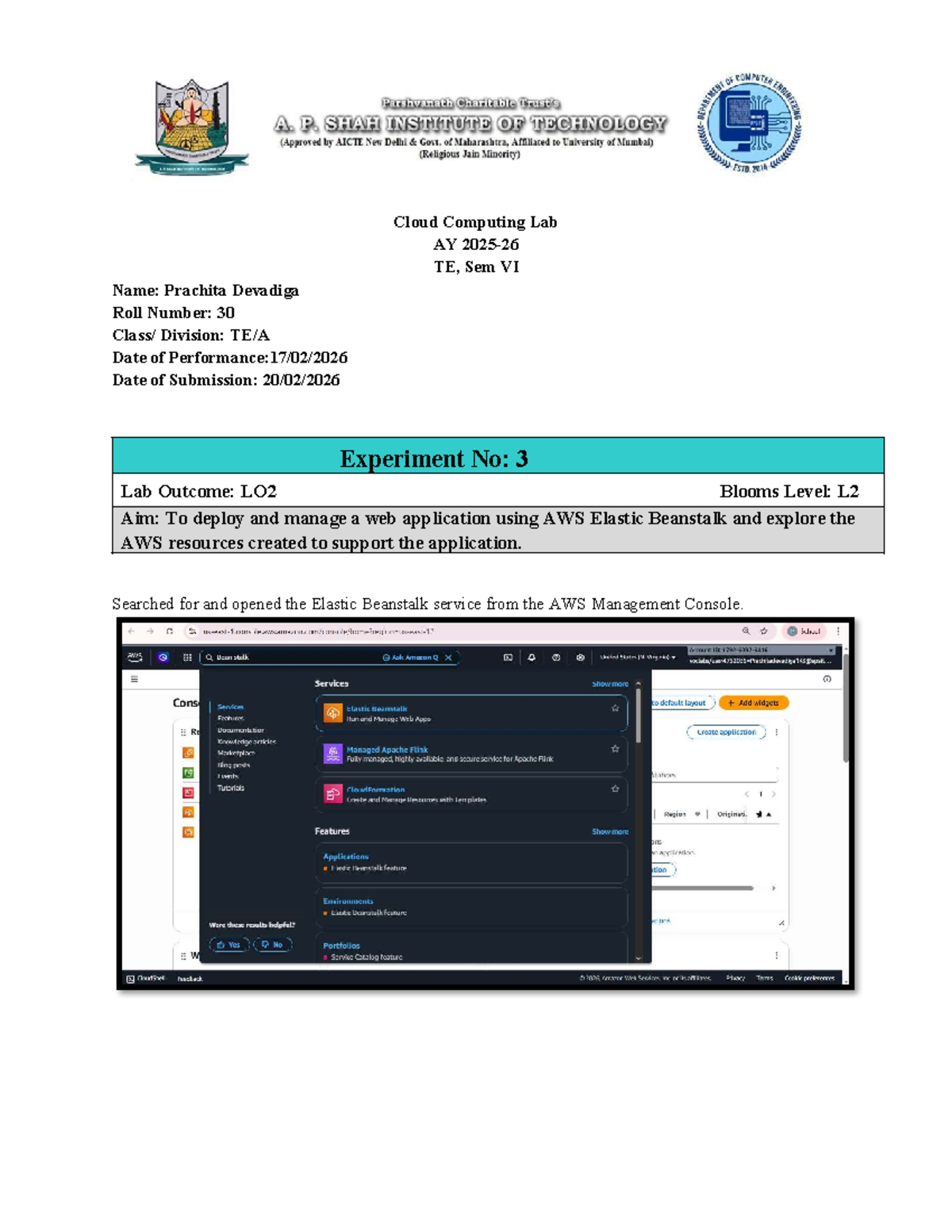 CCL Sem VI Lab Report: Deploying Web App on AWS Elastic Beanstalk - Studocu