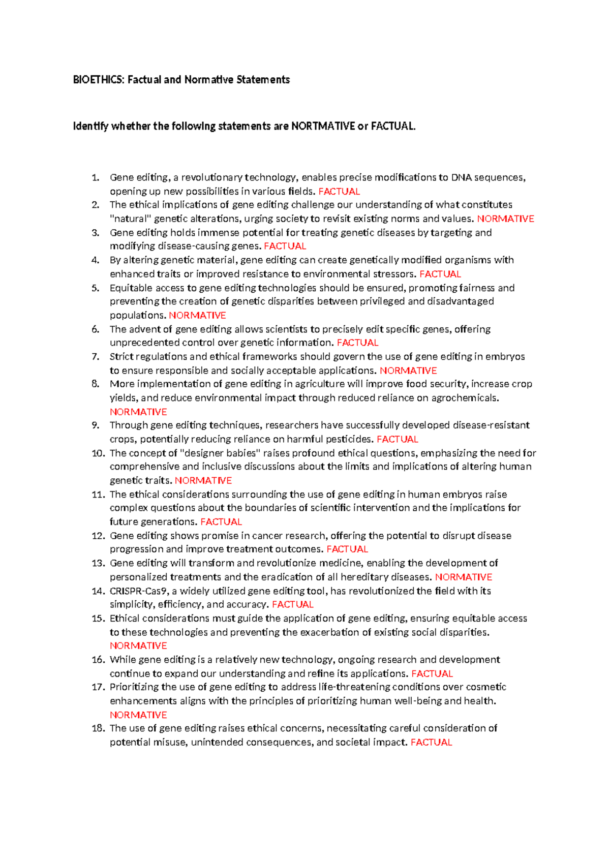 1 BIO-Statements Exercise- Answers - BIOETHICS: Factual and Normative ...