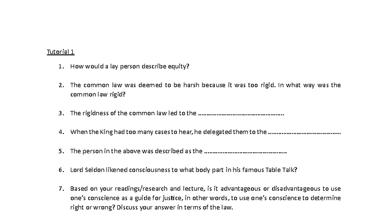 Tutorial 1a: Introduction to Equity Concepts and Common Law Issues ...