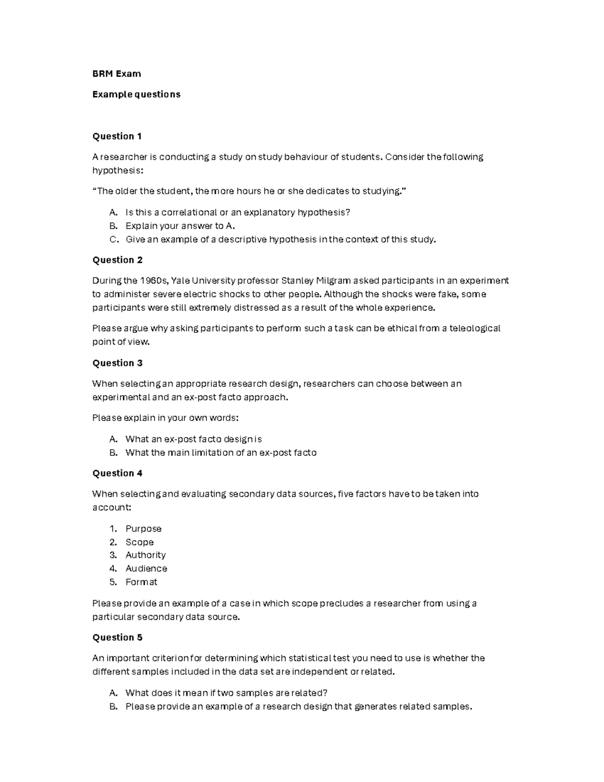 BRM Exam Sample Questions & Hypotheticals Review - Studeersnel