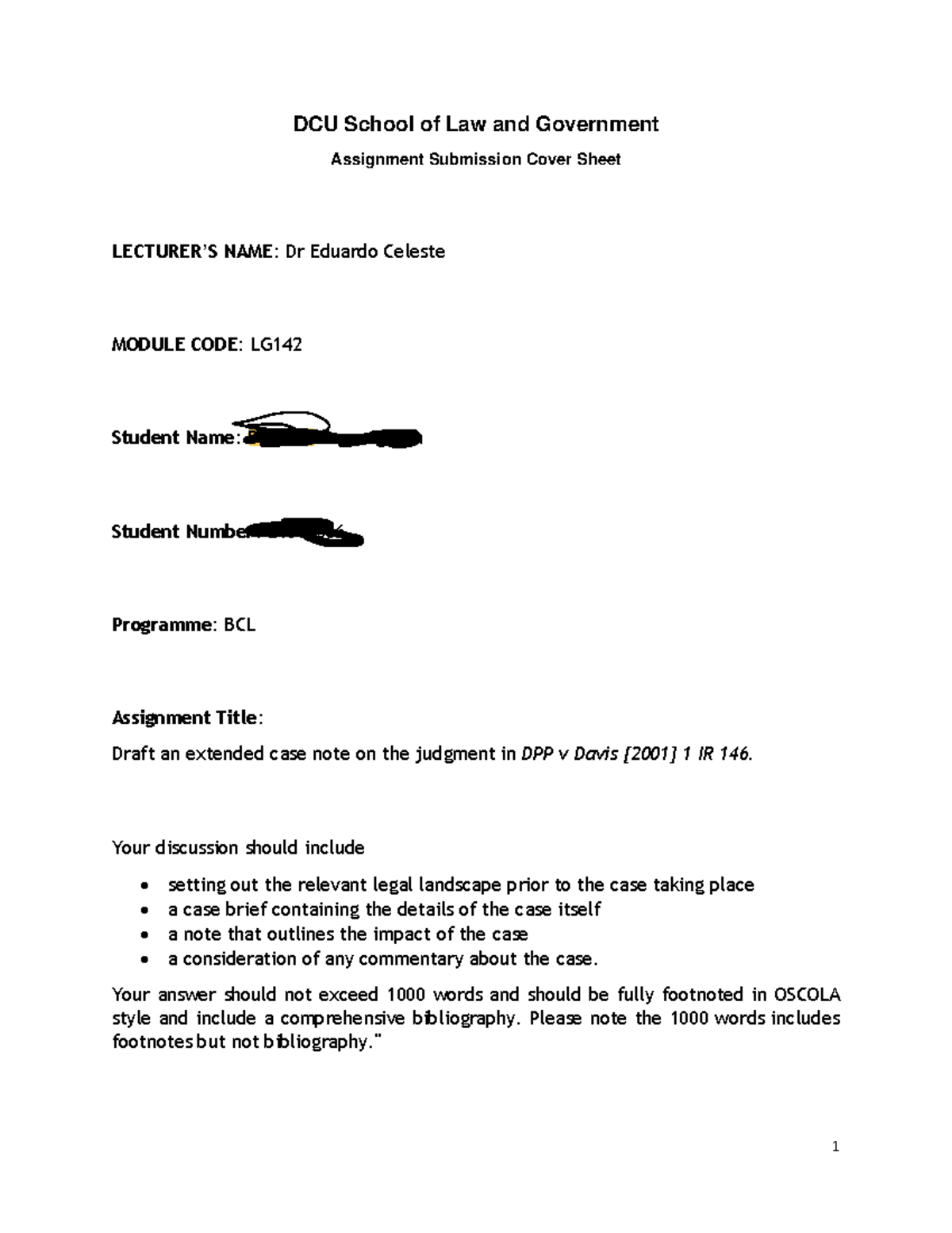 Reflective Summary on LG Course Year: Case Note - DPP v Davis - Studocu