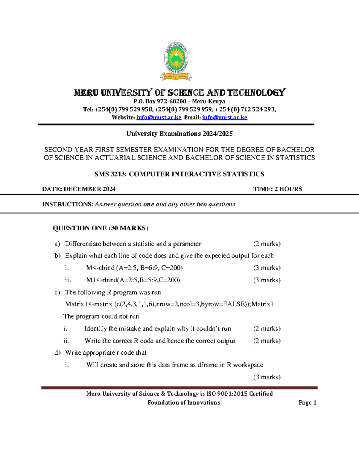 SMS 3213: Final Exam Notes on Computer Interactive Statistics - Studocu