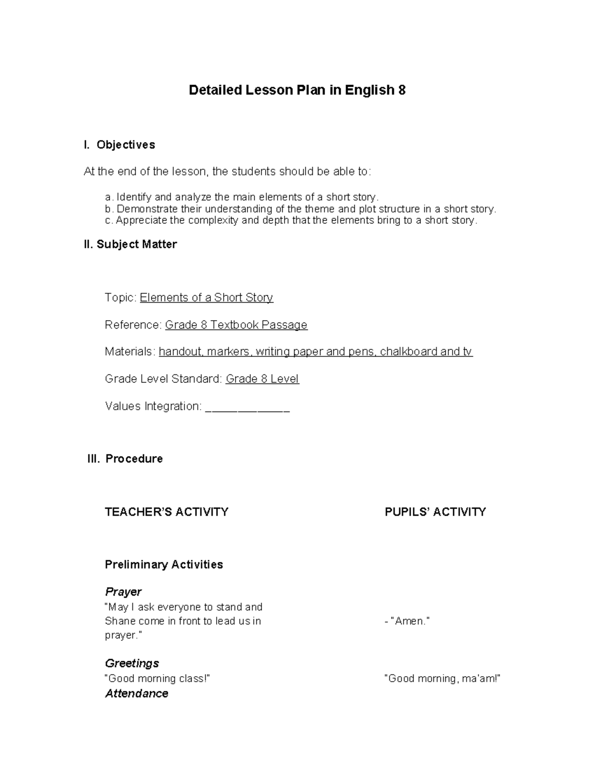 English 8 - Detailed Lesson Plan on Short Story Elements - Studocu