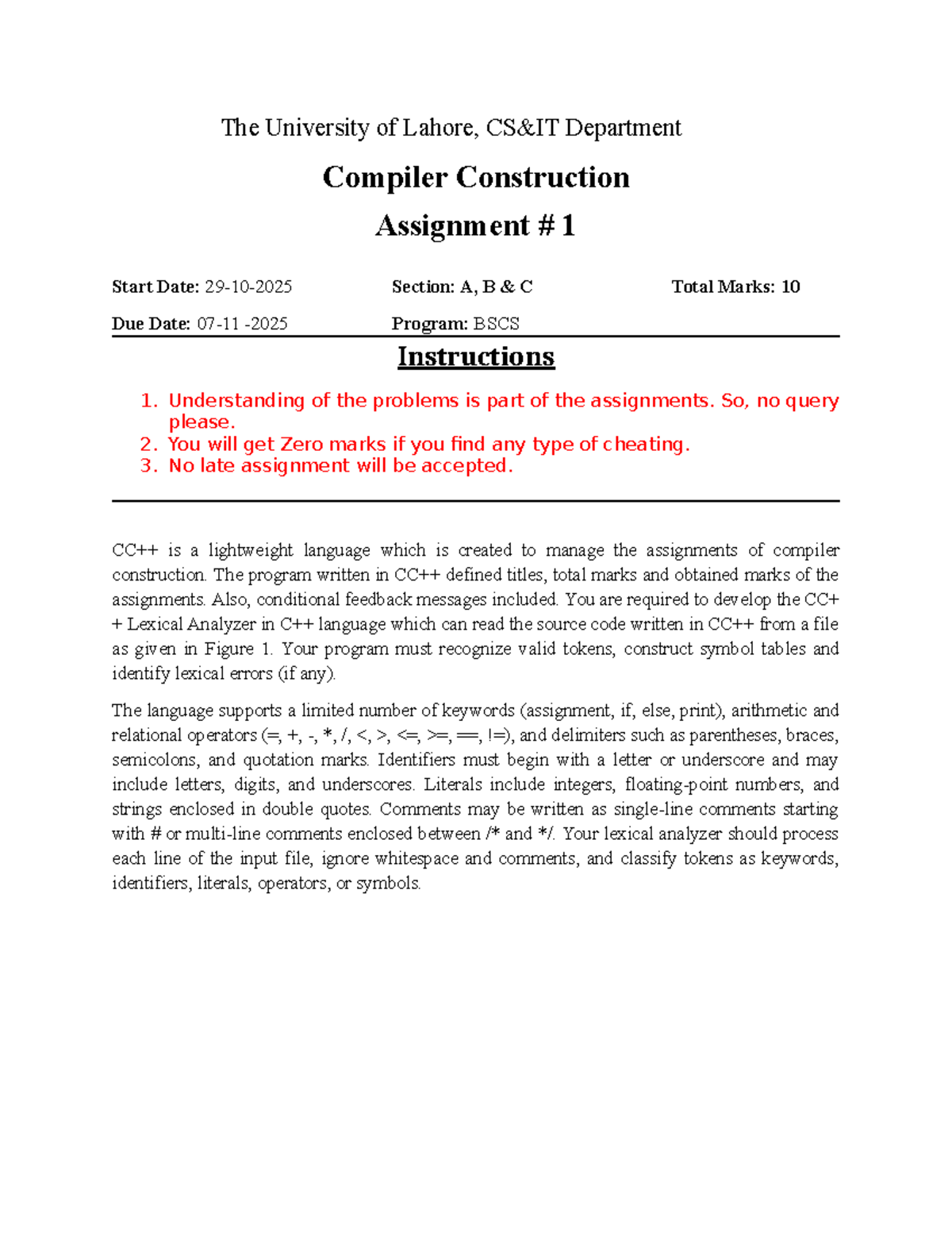 Compiler Construction Assignment 1 - Lexical Analyzer Development - Studocu