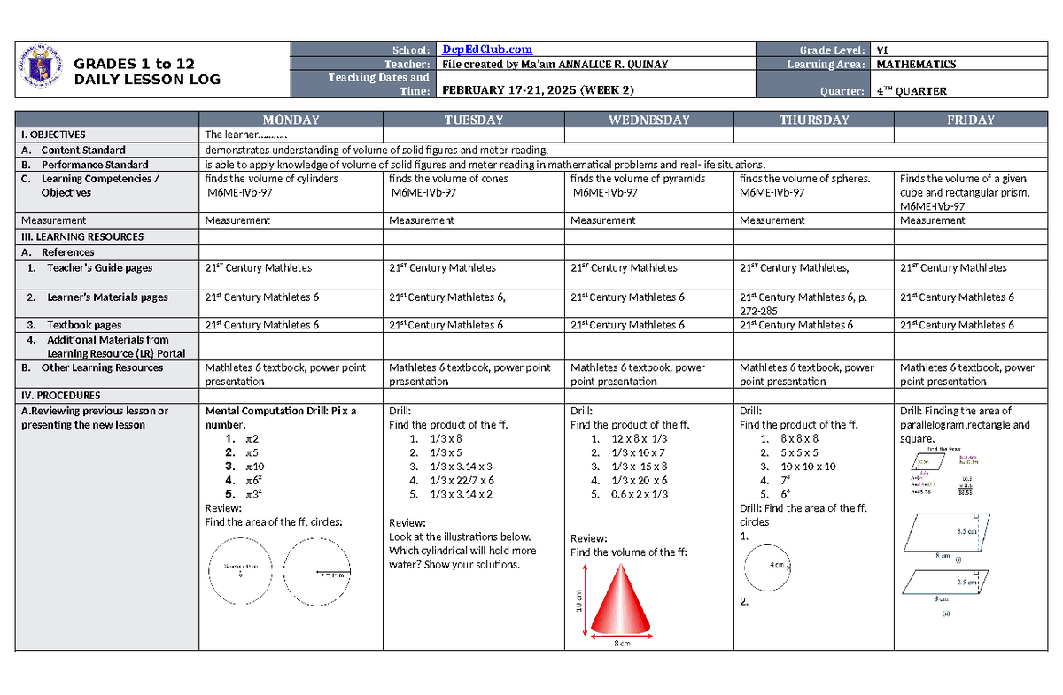 DLL Mathematics 6 Q4 W2 - lesson plan - GRADES 1 to 12 DAILY LESSON LOG ...