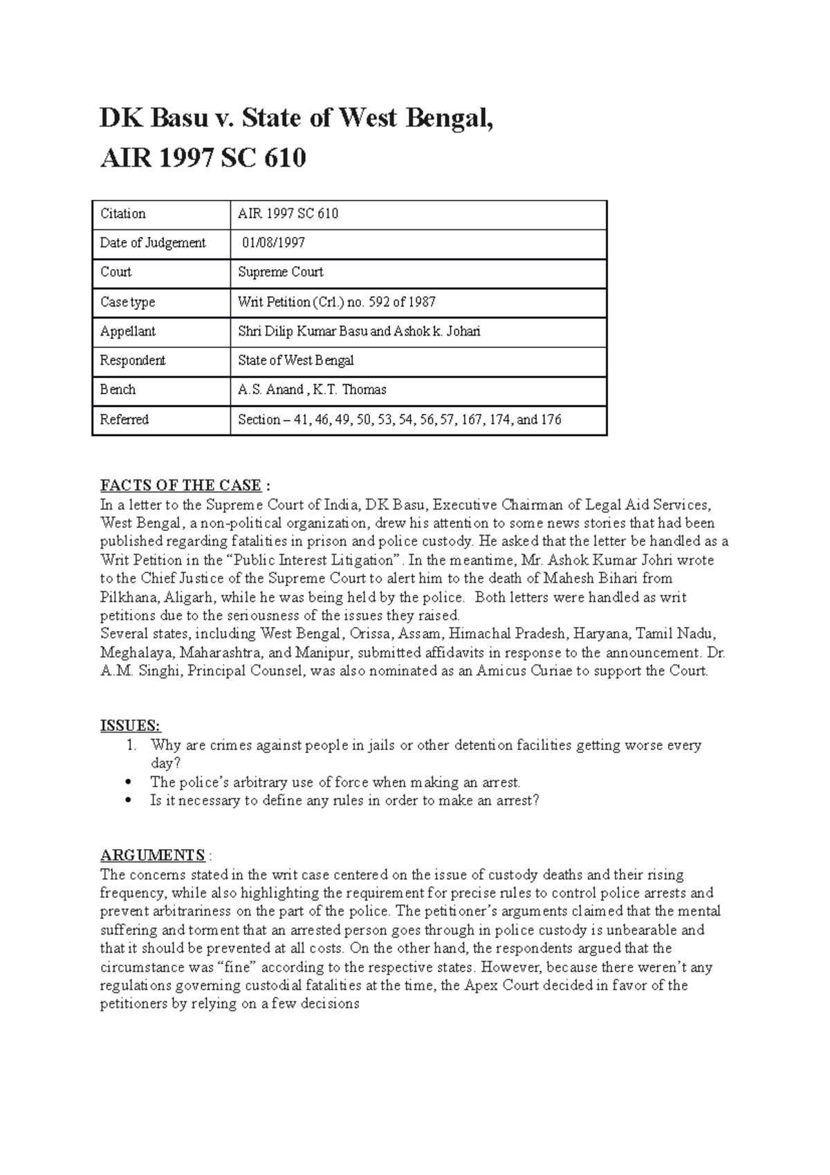 Criminal Procedure Code Case Study: DK Basu v. State of West Bengal ...
