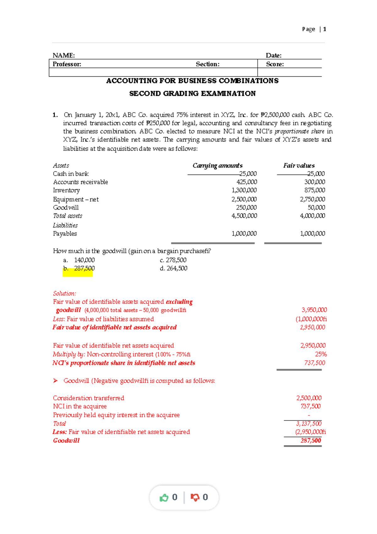 ACC 113 - Second Grading Exam: Business Combinations and Goodwill ...