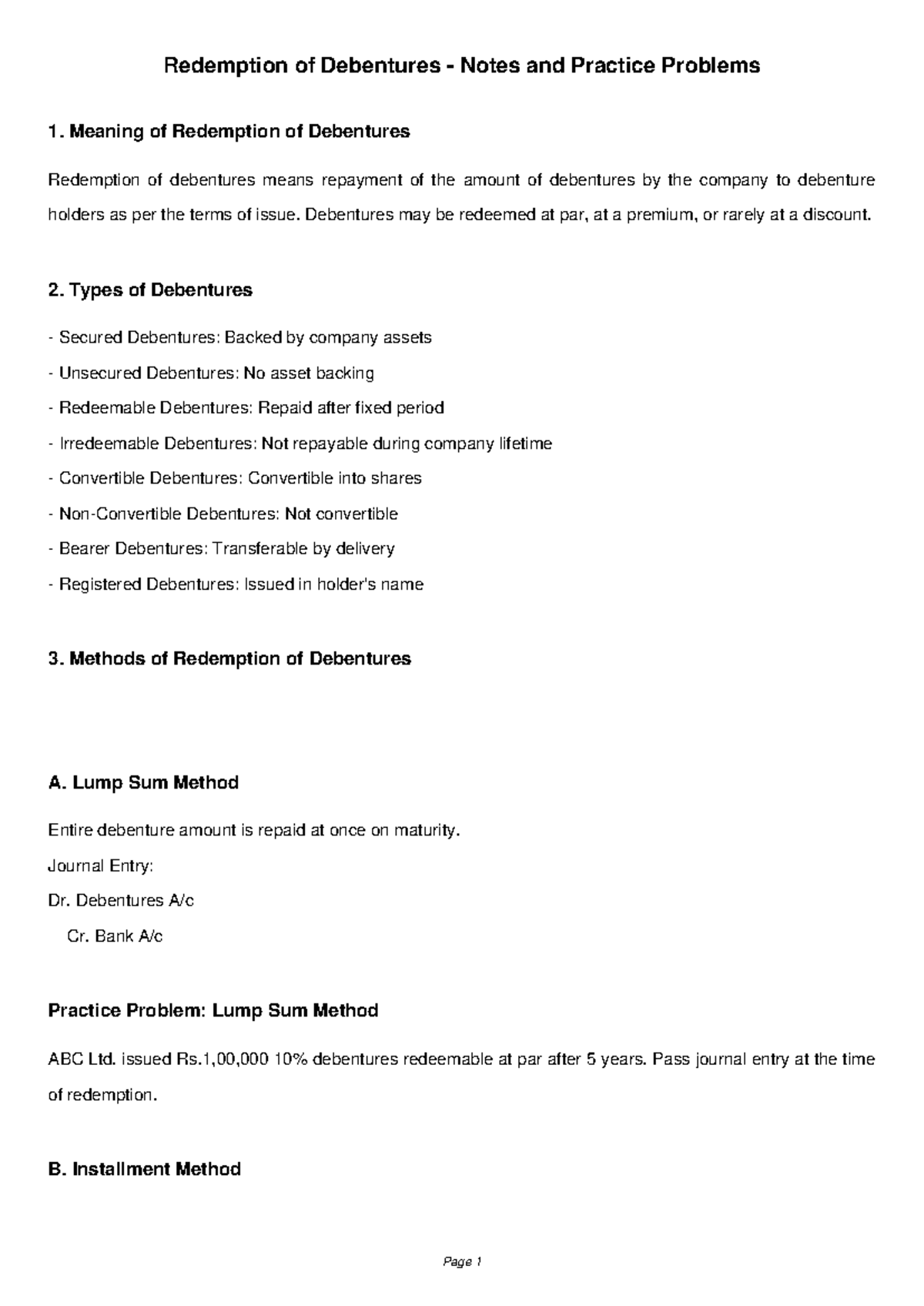 Redemption of Debentures: Notes & Practice Problems - Studocu