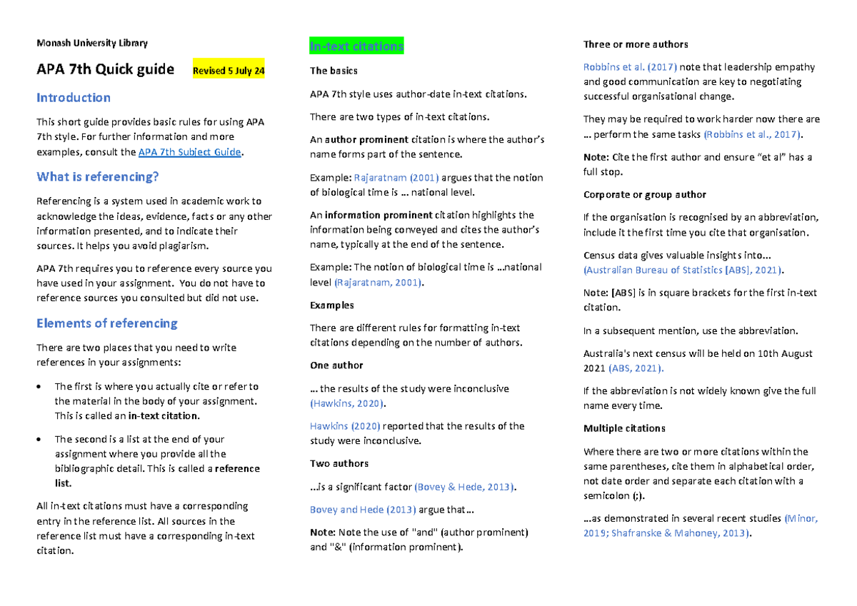 APA 7th Referencing Guide: Quick Tips for Citations and Sources - Studocu