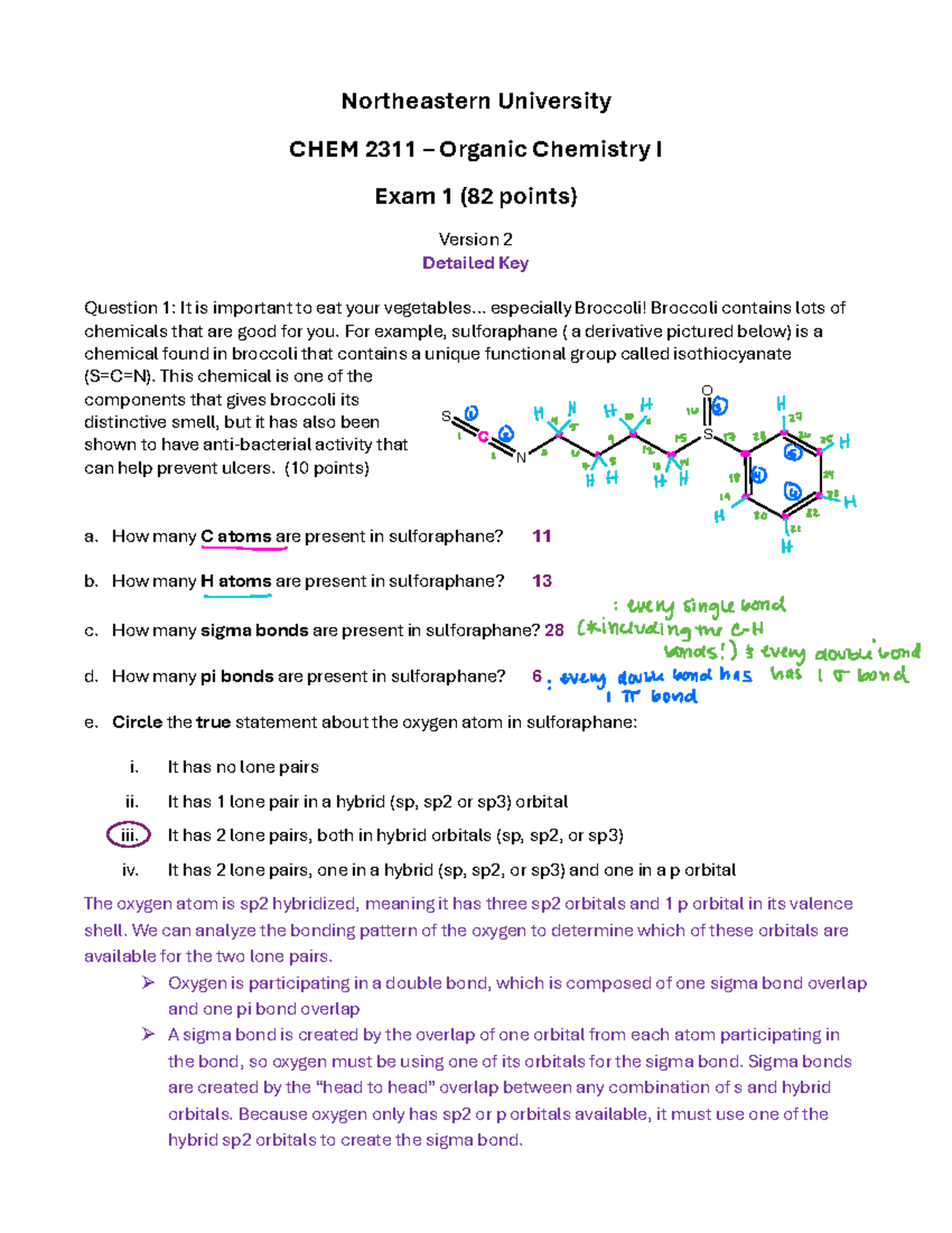 Northeastern University CHEM 2311 Organic Chemistry I Exam 1 Key ...