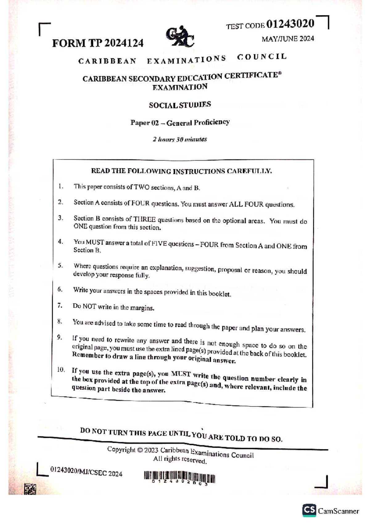 May/June 2024 CSEC Social Studies Past Paper - Test Code 4 Form TP ...