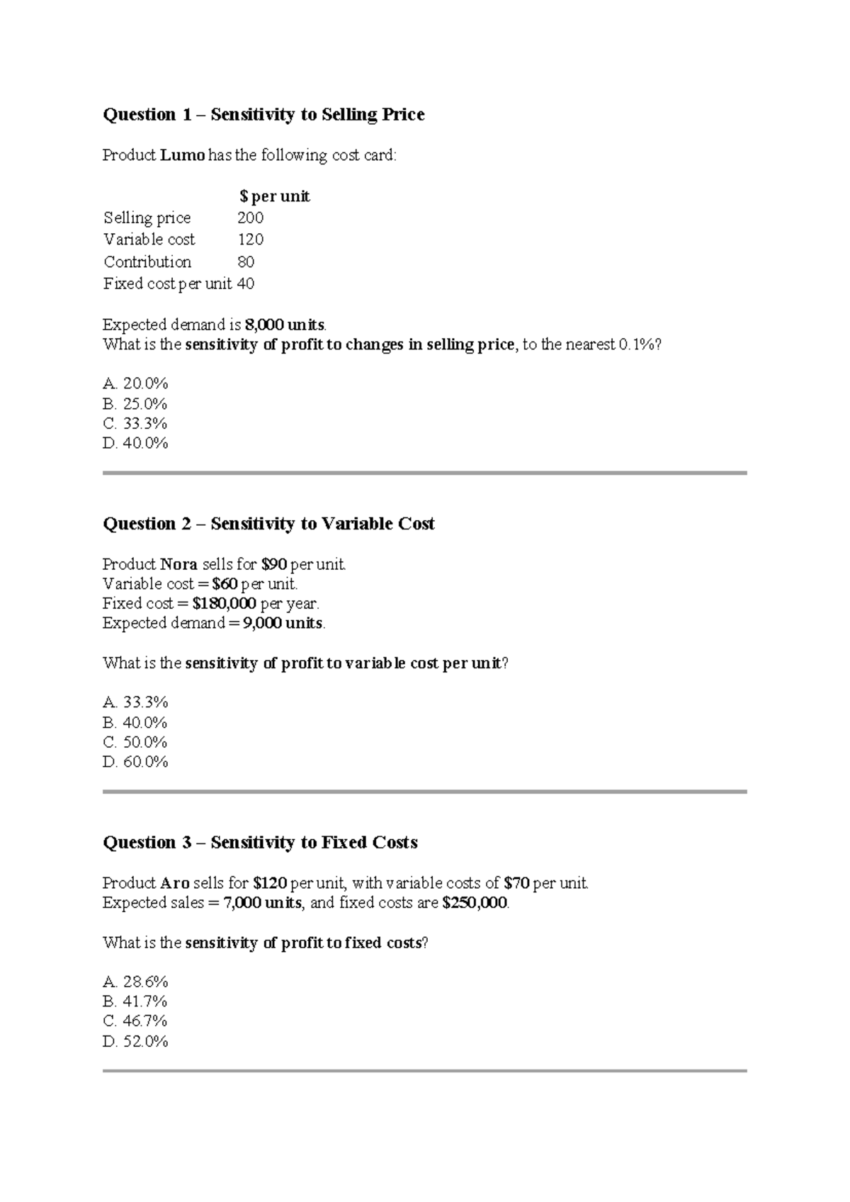 Practice Questions on Sensitivity Analysis for Pricing and Costs - Studocu