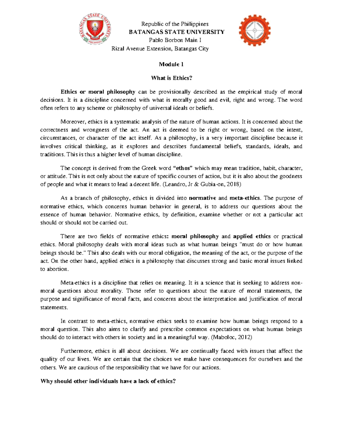 Week 1 Lecture Notes Module 1 What is Ethics? - BATANGAS STATE ...