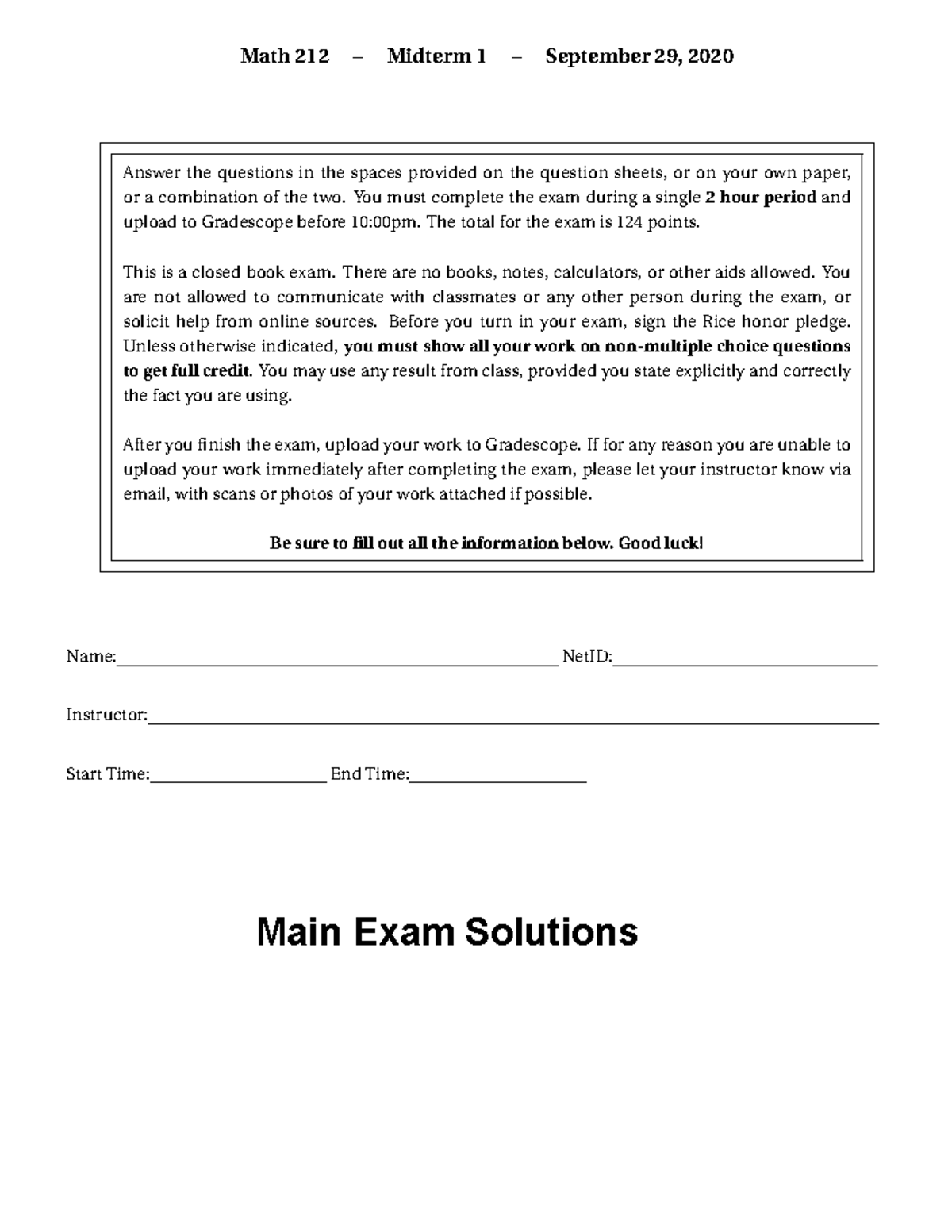 Math 212 Midterm 1 September 29, 2020 Solutions Key - Studocu