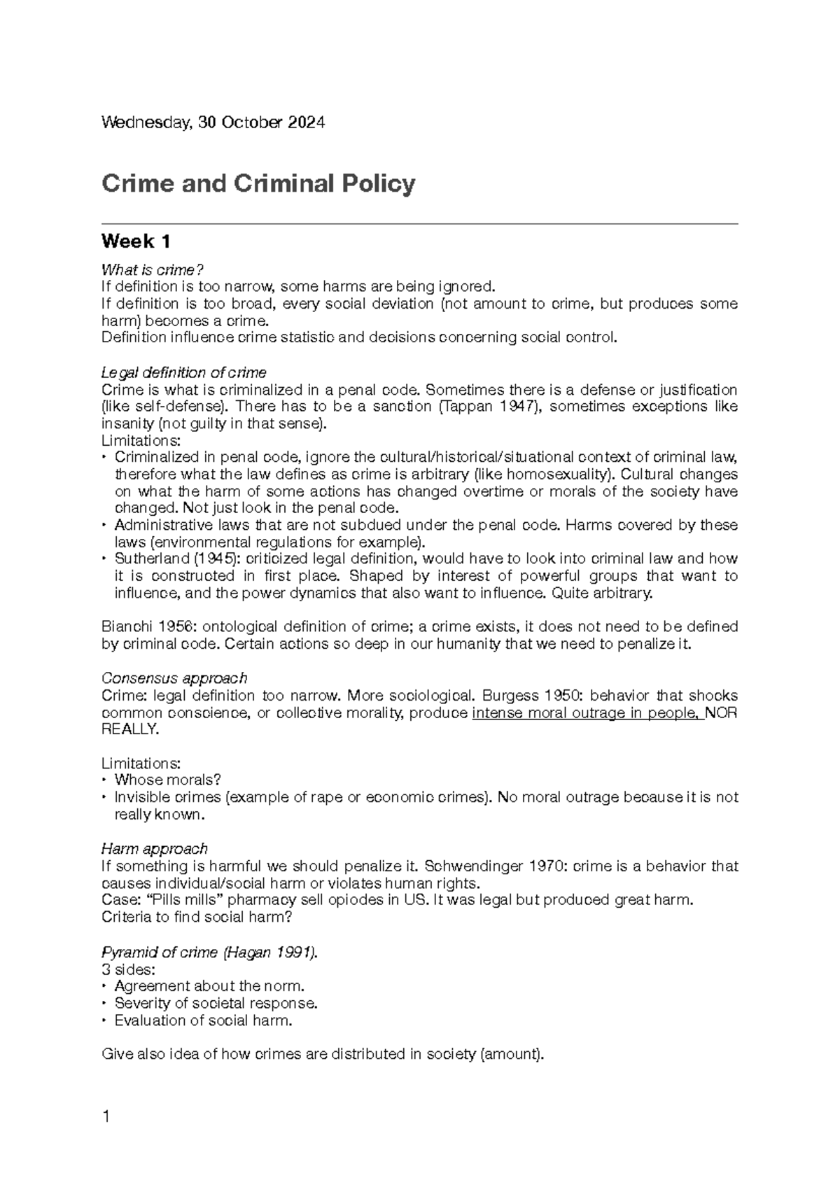 CRIM 101: Week 1 & 2 Notes on Crime Theories & Criminal Policy ...