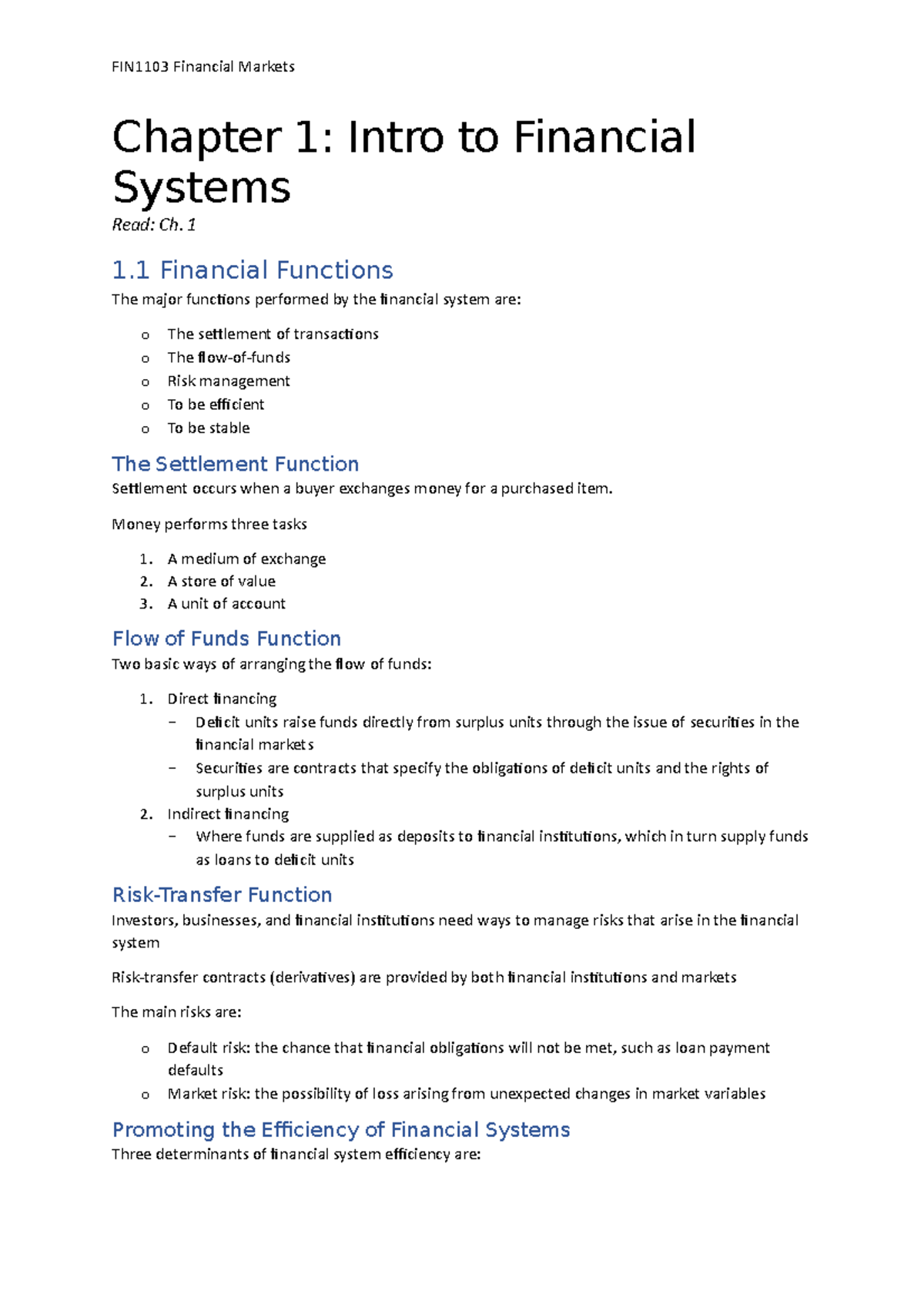 FIN1103 lecture notes - Chapter 1: Intro to Financial Systems Read: Ch ...