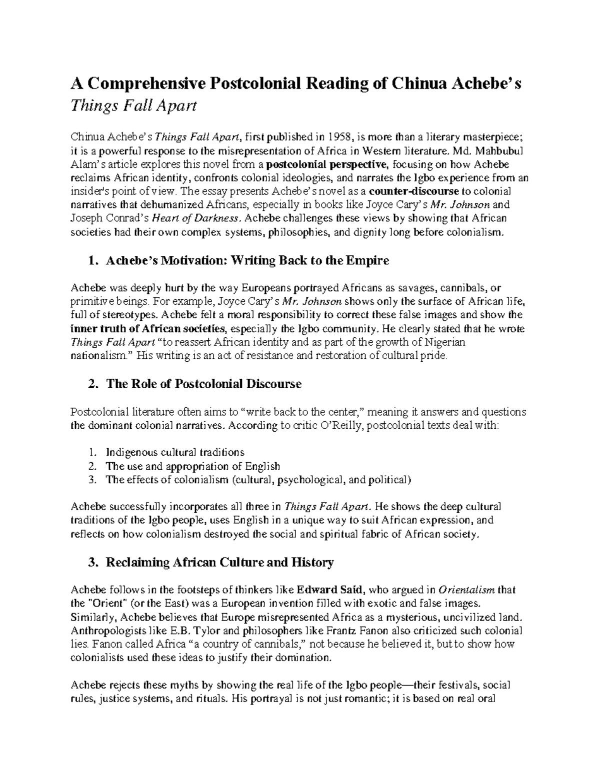 Essay: A Postcolonial Analysis of Chinua Achebe's Things Fall Apart ...