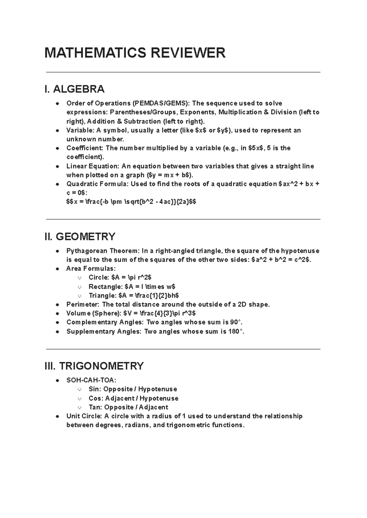 MATHEMATICS REVIEWER I: ALGEBRA, GEOMETRY, TRIGONOMETRY & STATS - Studocu