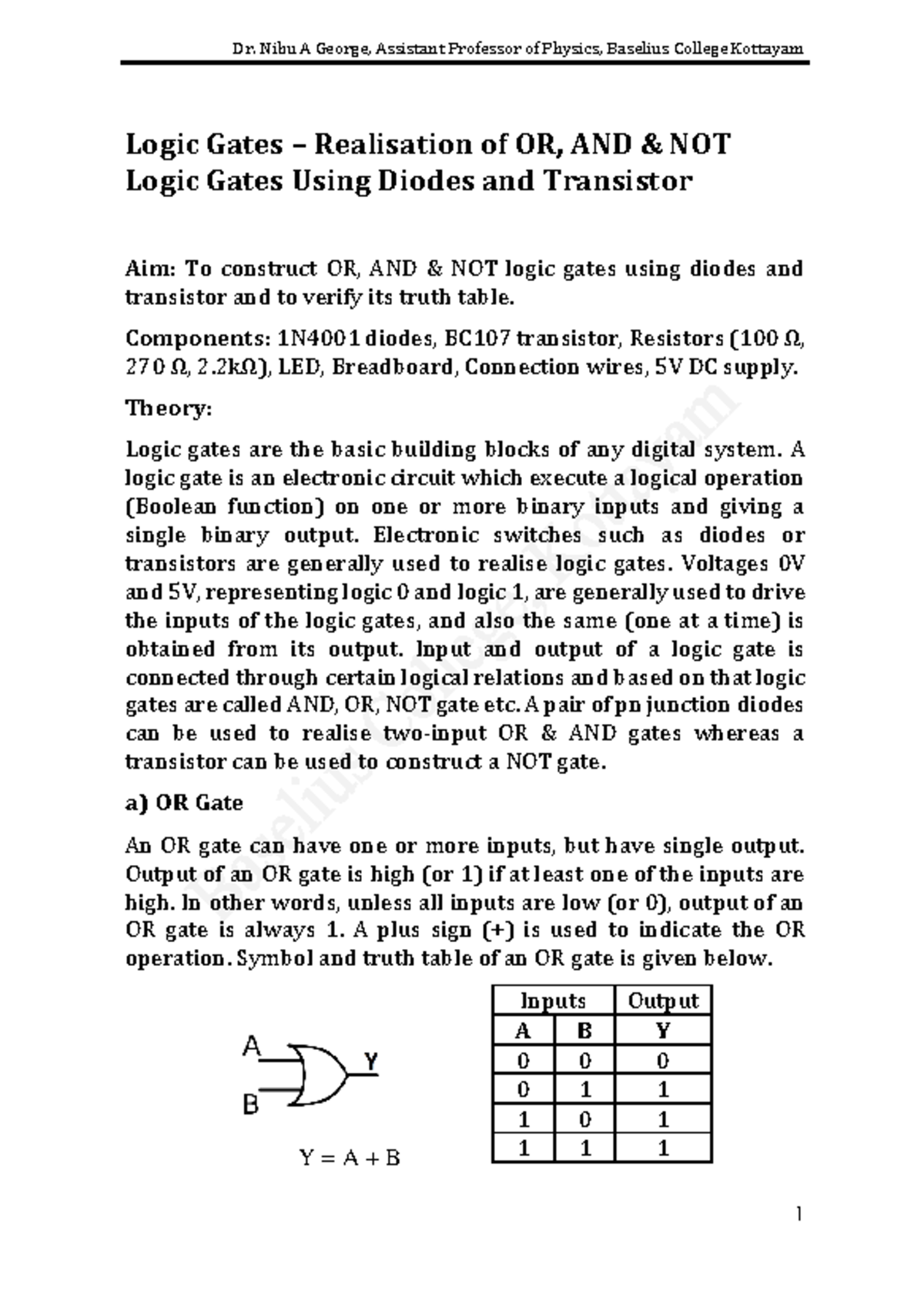 Logic Gates using Diodes and Transistor - Logic Gates – Realisation of ...