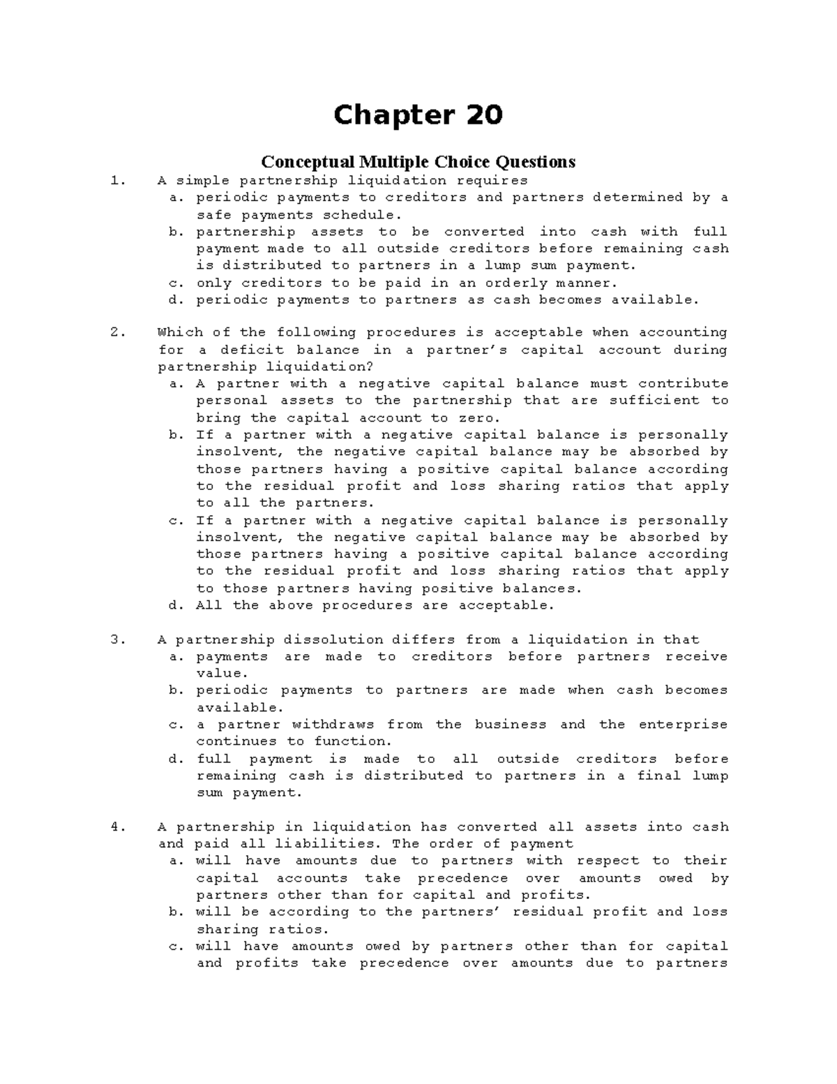 Chapter 20 Test Bank: Partnership Liquidation MCQs - Studocu