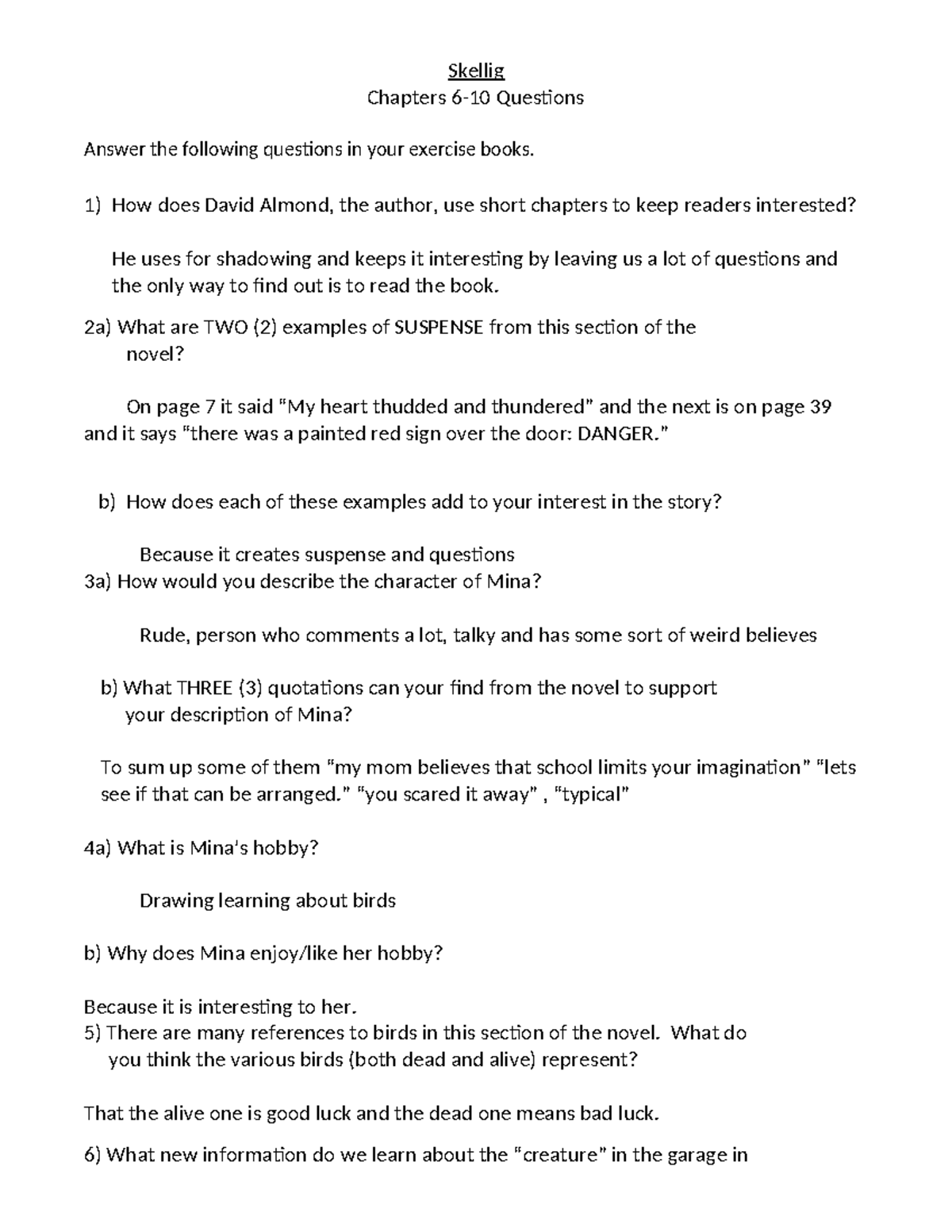 Skellig Chapters 6-10 Questions & Answers - Studocu