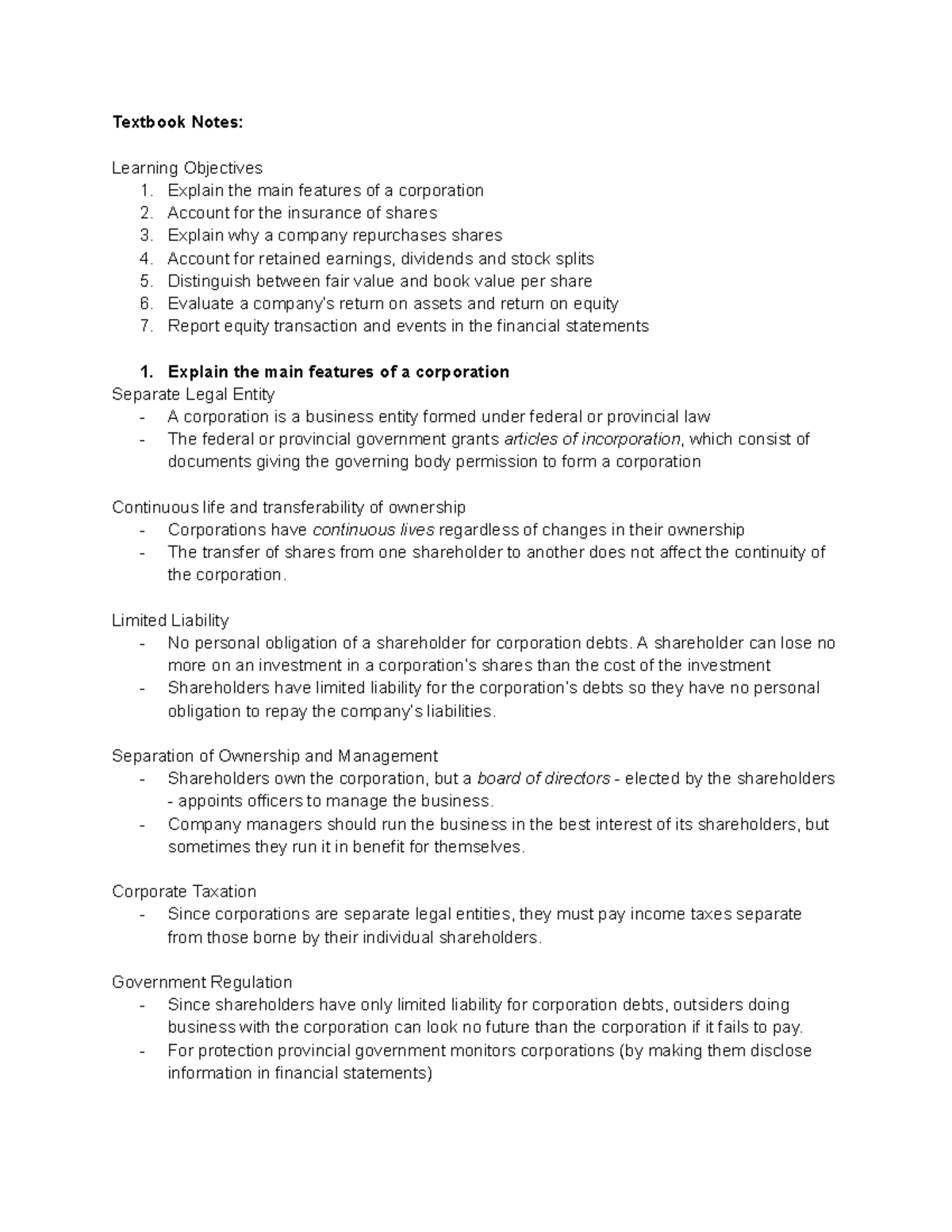 Chapter 8 (Shareholders Equity) - Textbook Notes: Learning Objectives 1 ...